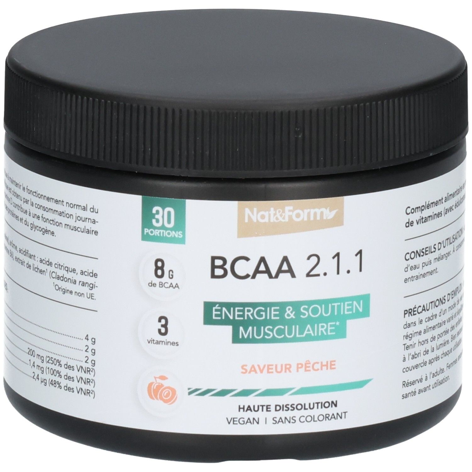 Poudre BCAA 2.1.1 avec 8g de BCAA et 3 vitamines, saveur pêche, 30 portions.