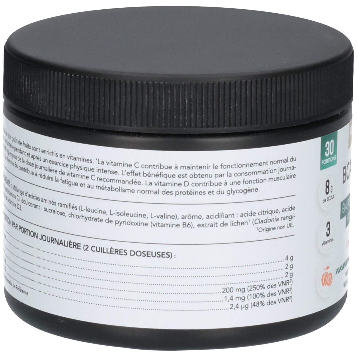 Arrière d'un pot BCAA 2.1.1 avec informations nutritionnelles et ingrédients.