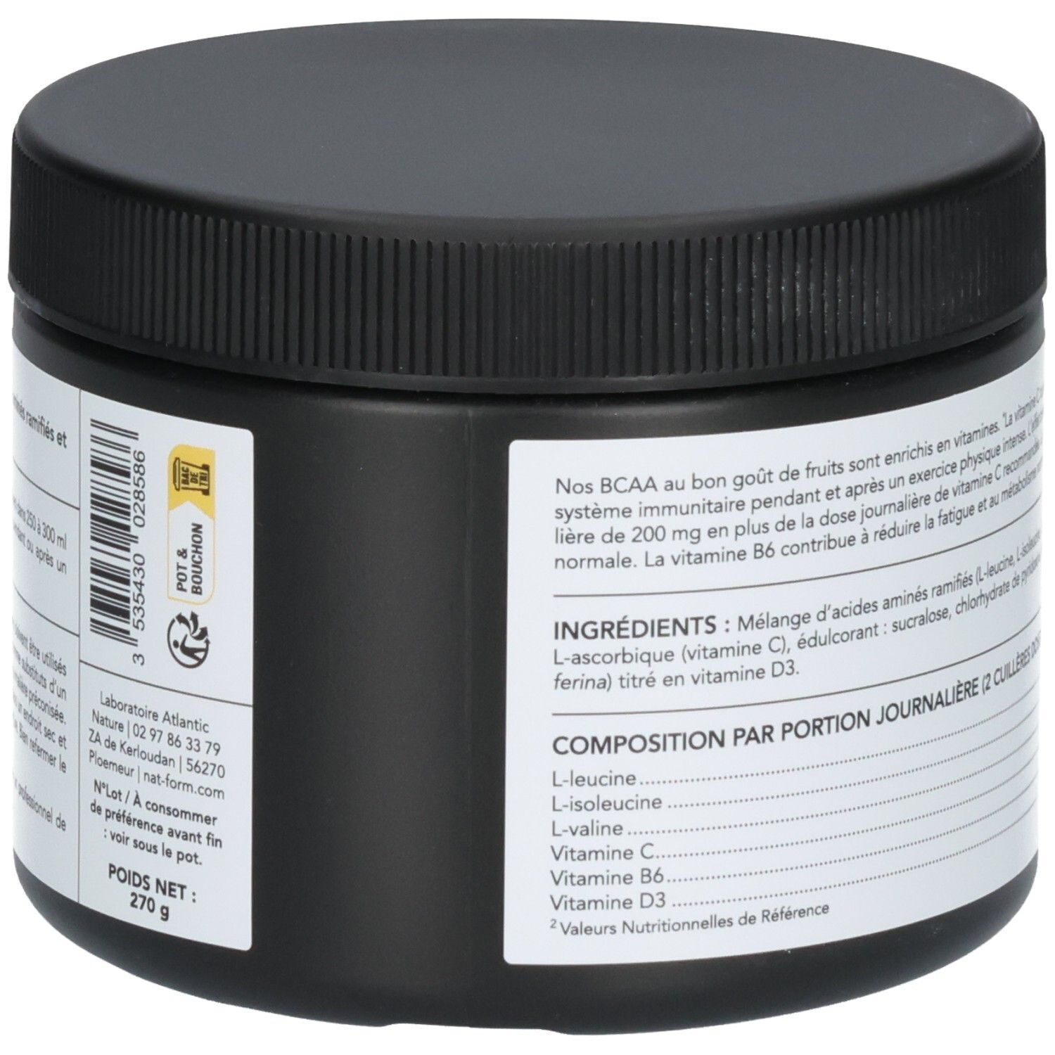 Côté d'un pot BCAA 2.1.1 avec code-barres et informations produit.