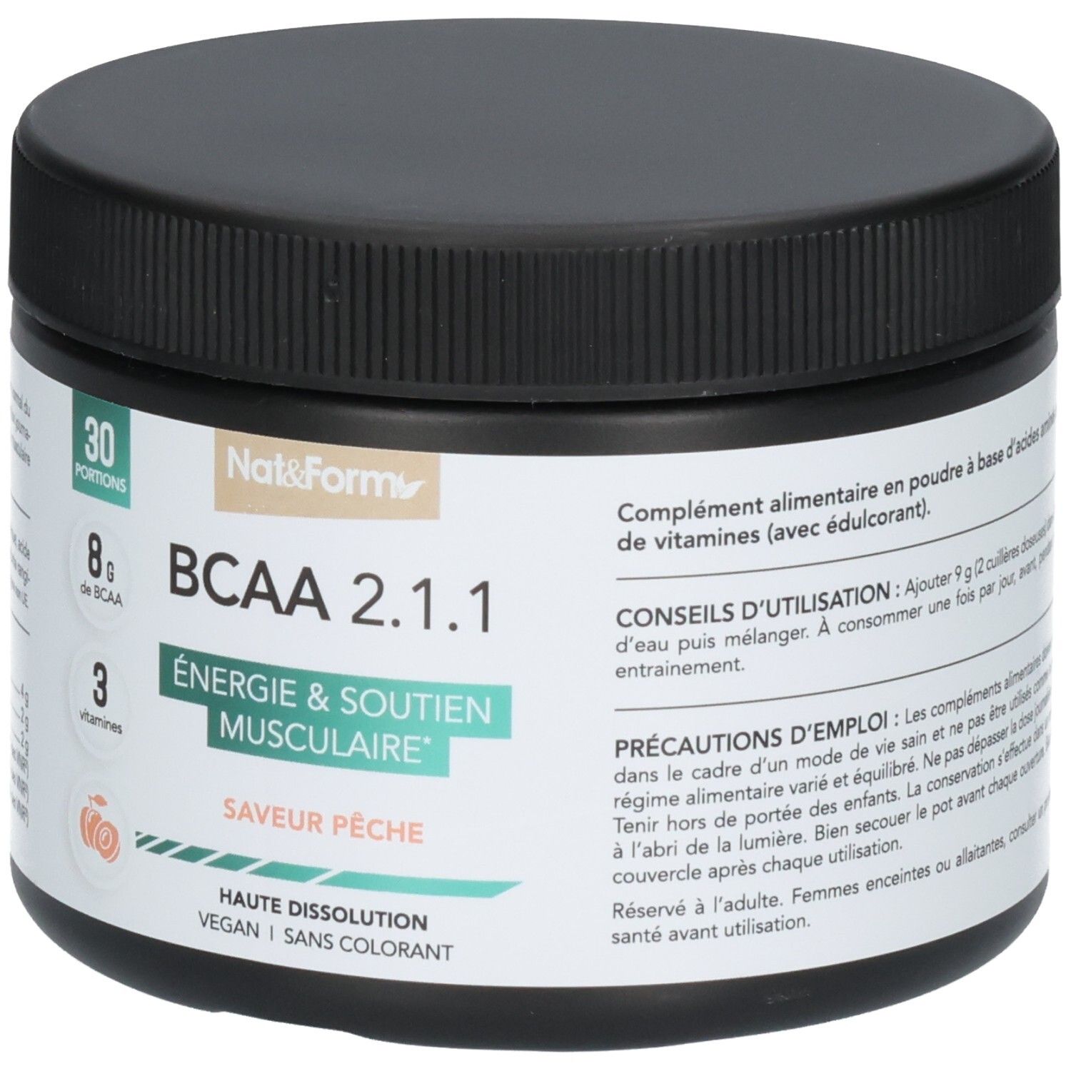 Poudre BCAA 2.1.1 avec 8g de BCAA et 3 vitamines, saveur pêche, 30 portions.