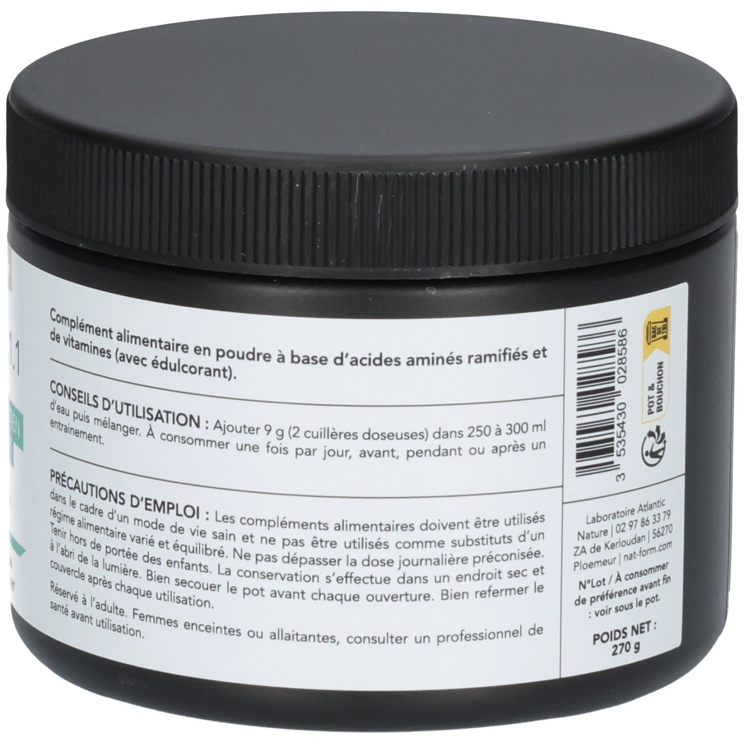 Arrière d'un pot BCAA 2.1.1 avec conseils d'utilisation et précautions.