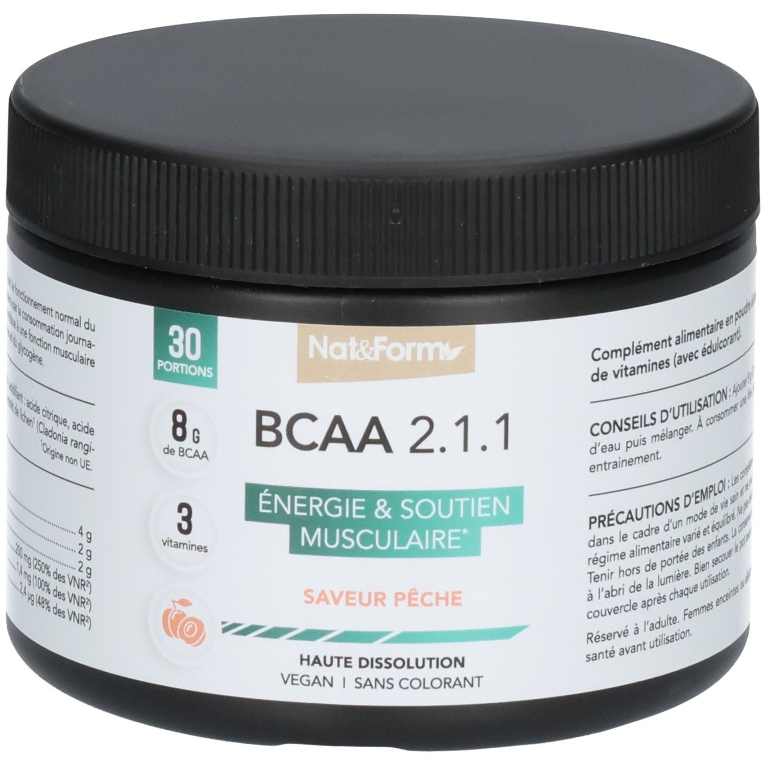 Poudre BCAA 2.1.1 avec 8g de BCAA et 3 vitamines, saveur pêche, 30 portions.