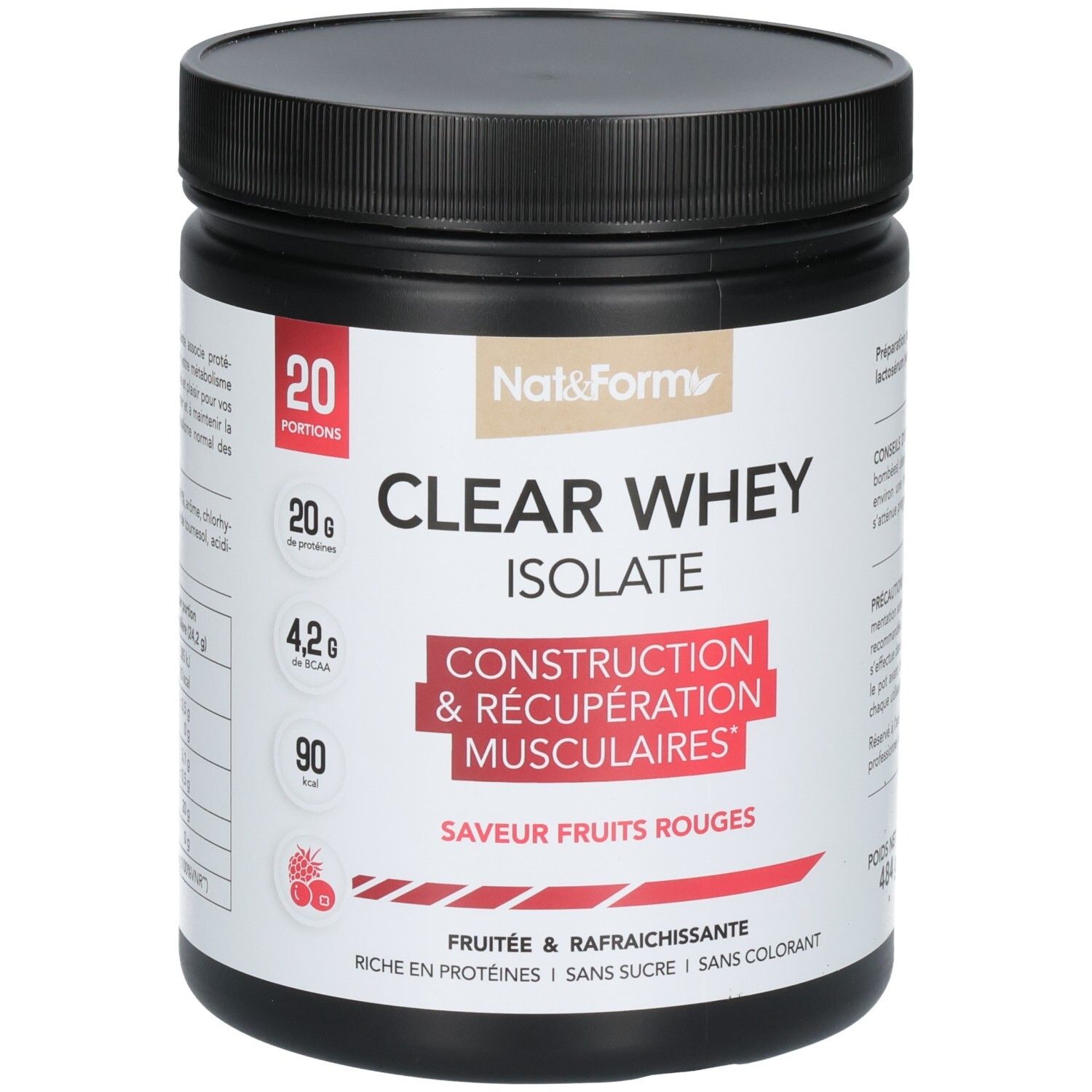 Pot noir de poudre CLEAR WHEY ISOLATE, saveur fruits rouges, 20 portions.