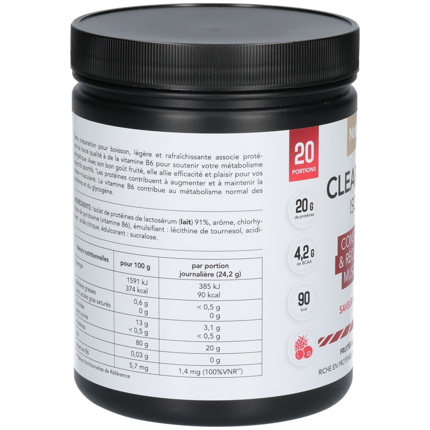 Arrière d'un pot de poudre CLEAR WHEY ISOLATE, informations nutritionnelles et ingrédients.