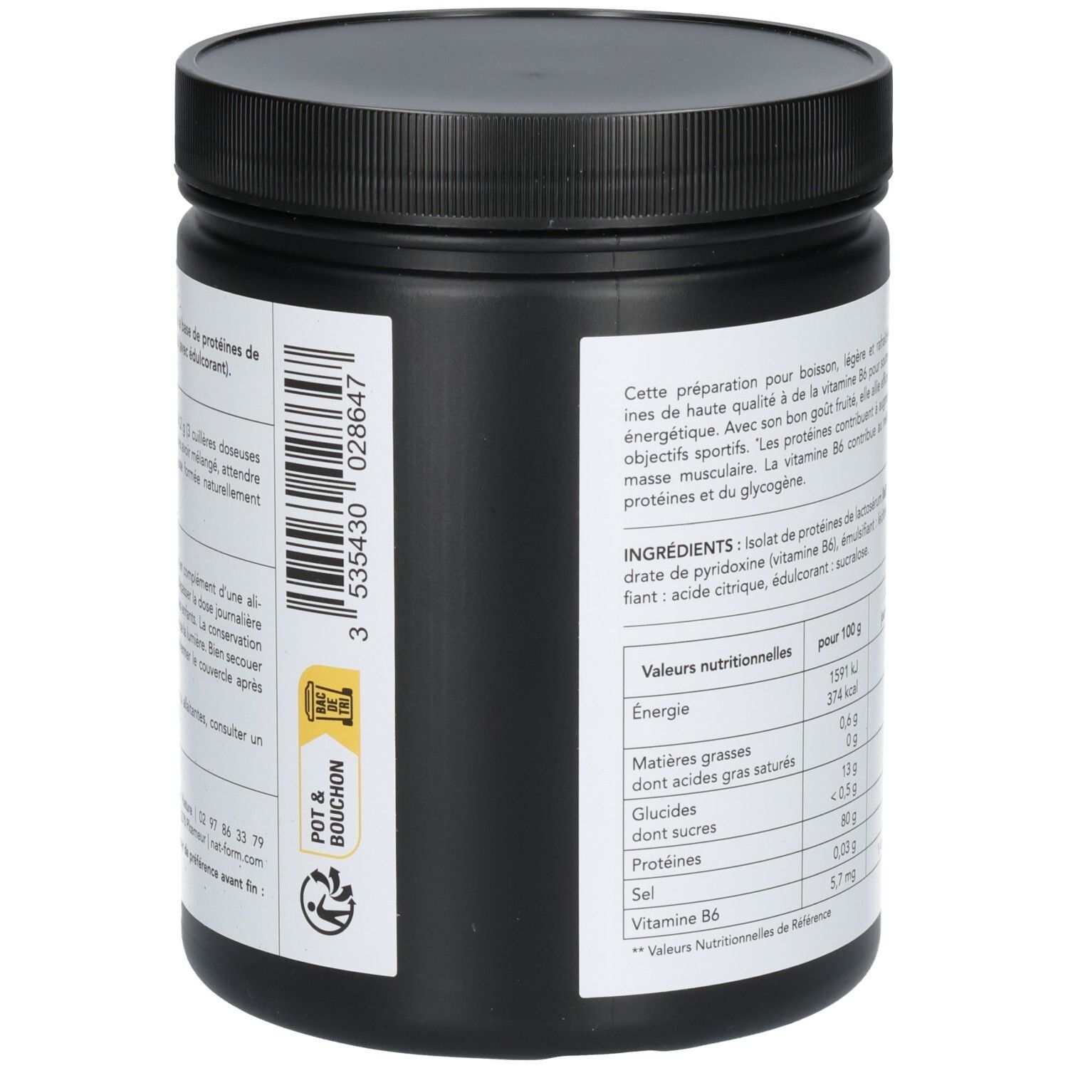 Côté d'un pot noir de poudre CLEAR WHEY ISOLATE, code-barres et instructions.