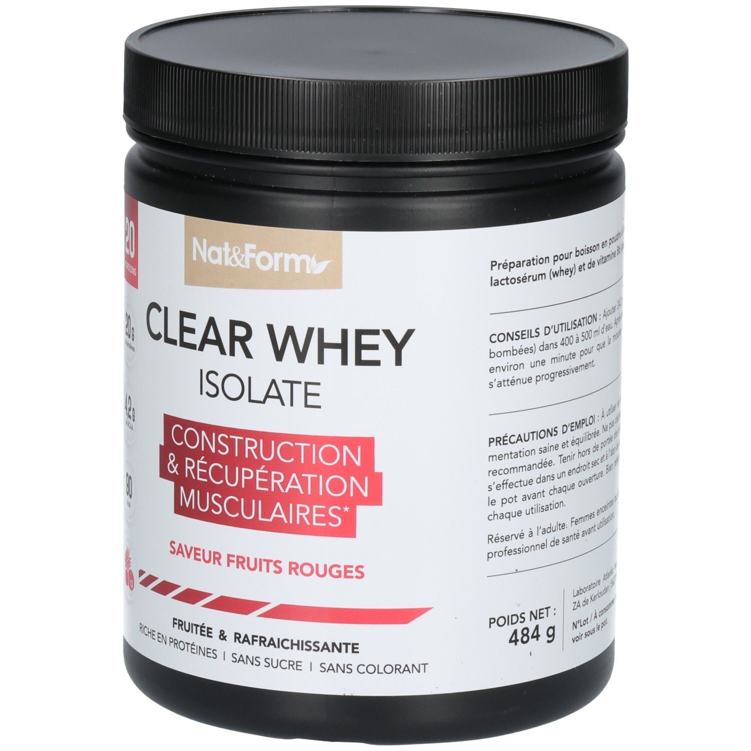 Avant d'un pot de poudre CLEAR WHEY ISOLATE, 484g, saveur fruits rouges.