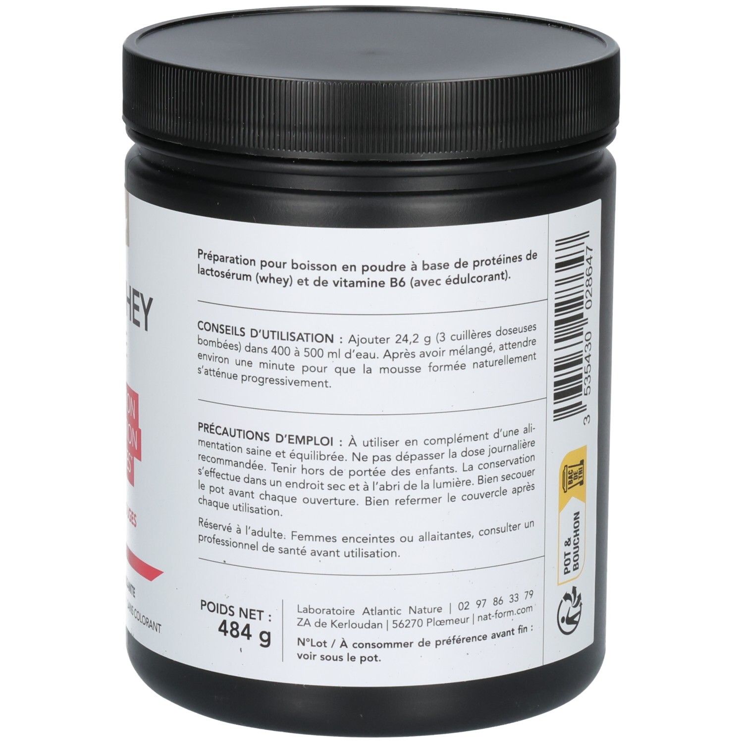 Arrière d'un pot de poudre CLEAR WHEY ISOLATE, poids net 484g, préparation.