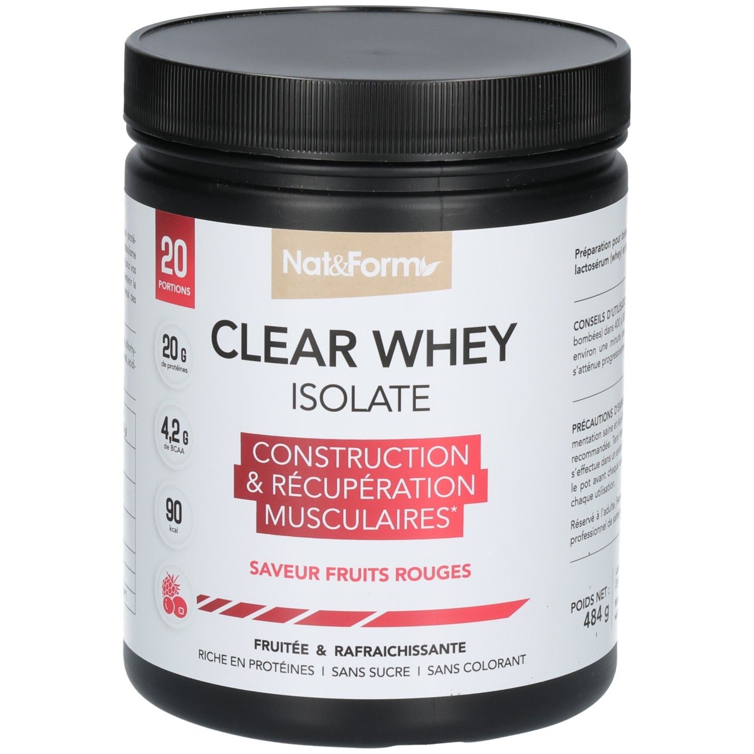 Pot de poudre CLEAR WHEY ISOLATE, saveur fruits rouges, 484g, 20 portions.
