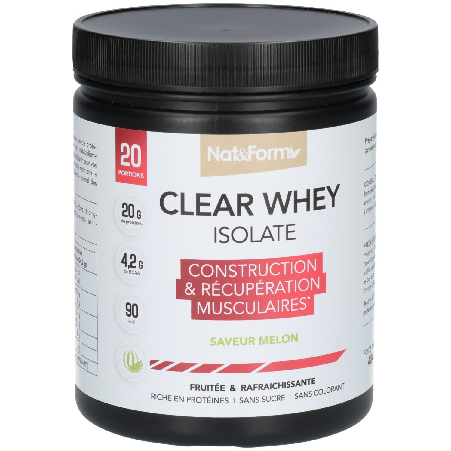 Pot noir de poudre CLEAR WHEY ISOLATE, saveur melon. Contient 20 portions.