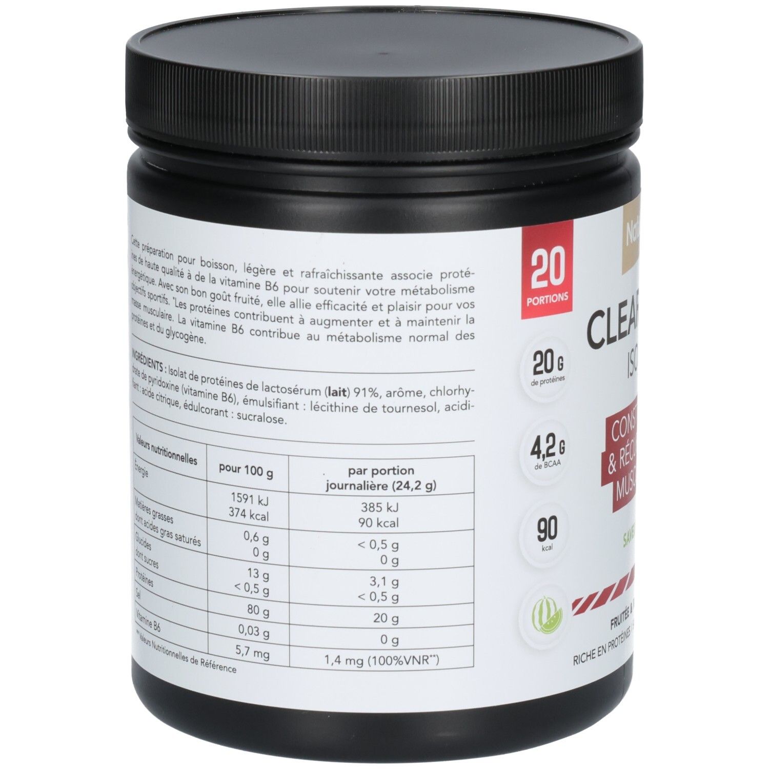 Arrière d'un pot de poudre CLEAR WHEY ISOLATE. Affiche les informations nutritionnelles et les ingrédients.