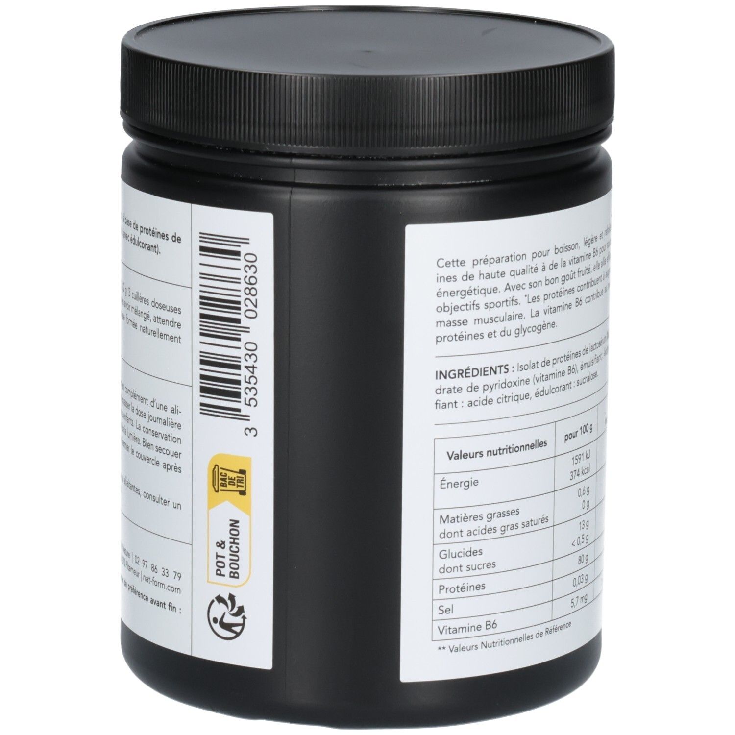 Côté d'un pot de poudre CLEAR WHEY ISOLATE. Comprend un code-barres et des informations de recyclage.