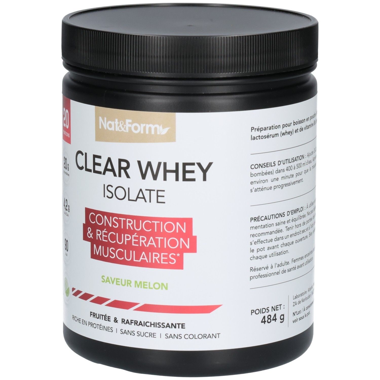 Avant d'un pot de poudre CLEAR WHEY ISOLATE, saveur melon. Poids net 484 g.