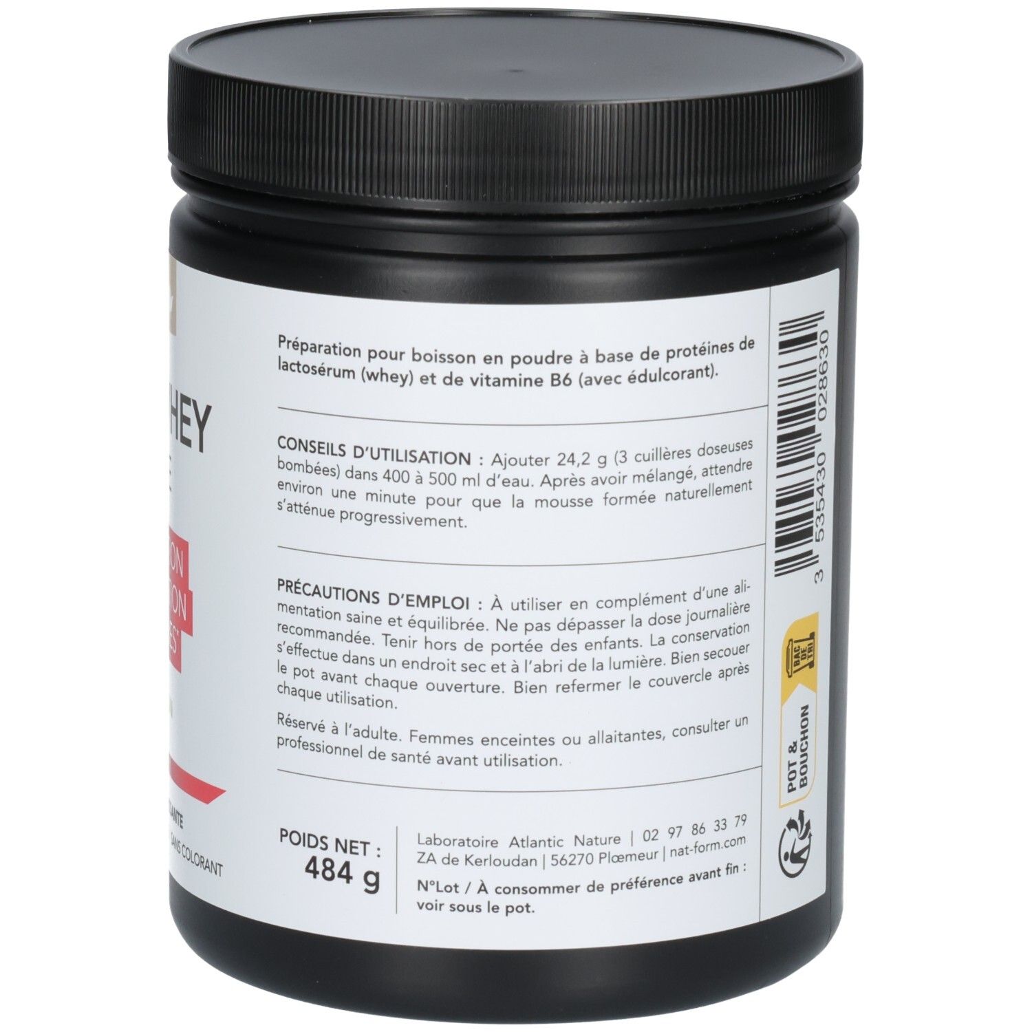 Arrière d'un pot de poudre CLEAR WHEY ISOLATE. Affiche les instructions d'utilisation et de sécurité.