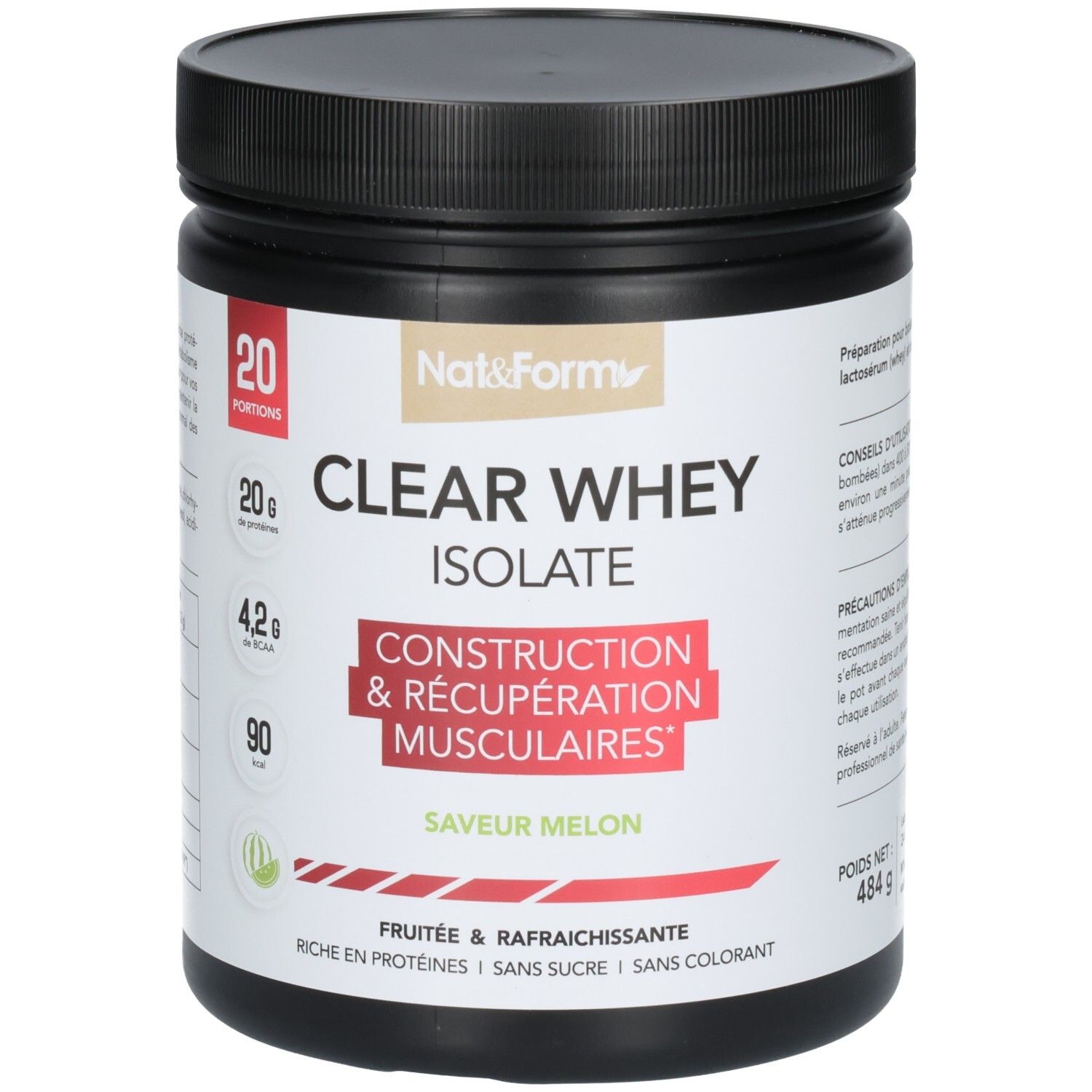 Avant d'un pot de poudre CLEAR WHEY ISOLATE, saveur melon. Pour la construction musculaire.