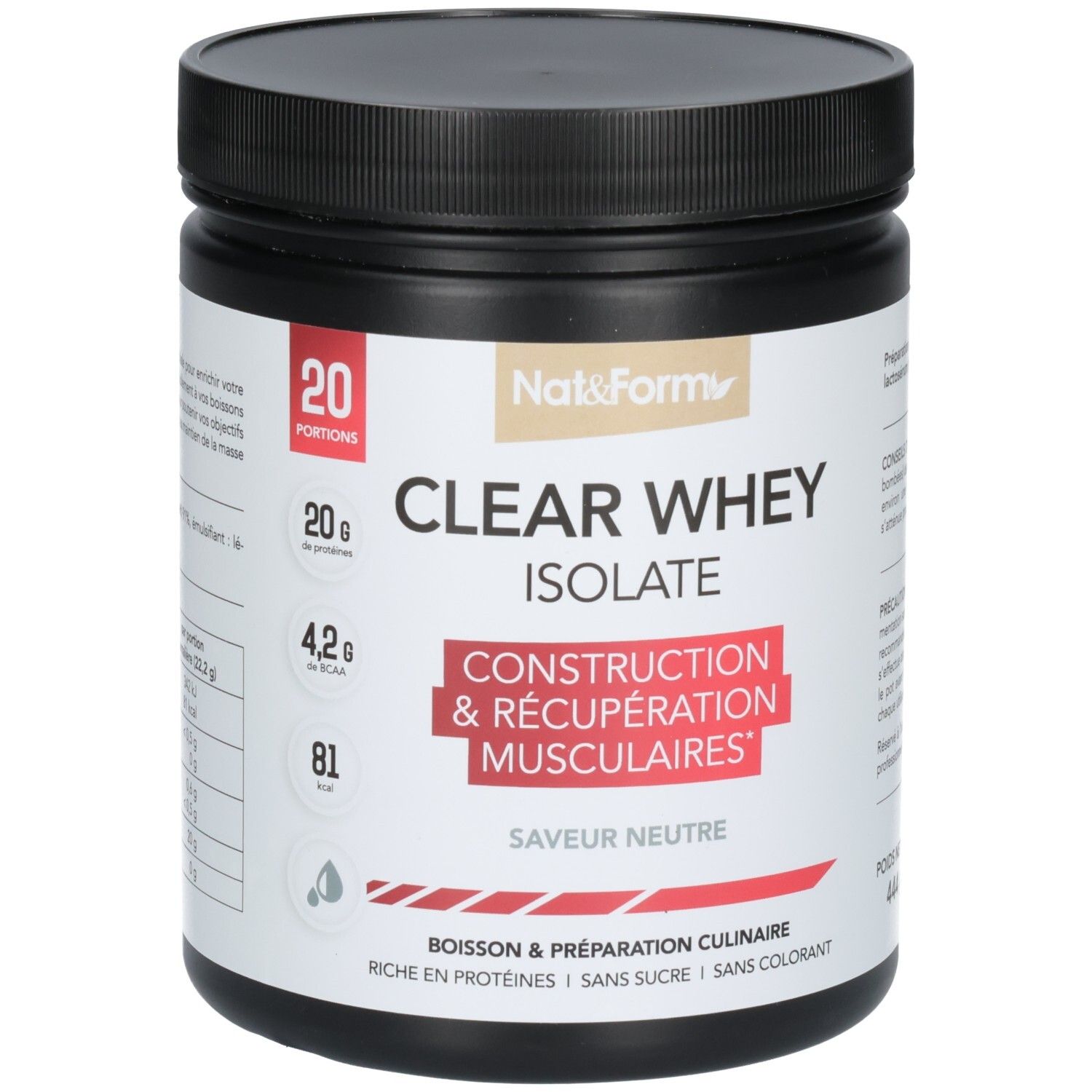 Pot noir avec étiquette Nat&Form CLEAR WHEY ISOLATE. Contient 20 portions, 20g de protéines, 4,2g de BCAA, 81 kcal.