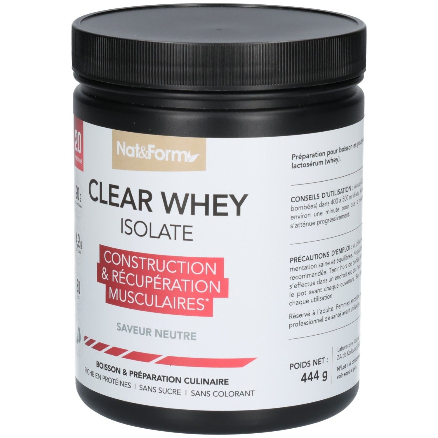 Avant du pot CLEAR WHEY ISOLATE, 444g. Indique "Construction & Récupération Musculaires".