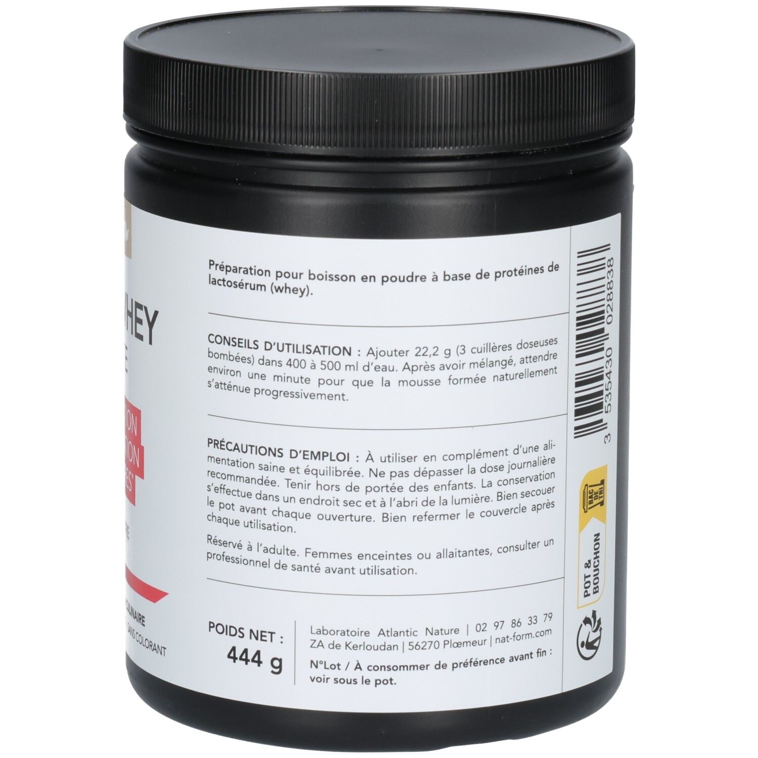 Arrière du pot CLEAR WHEY ISOLATE avec conseils d'utilisation et poids net 444g.