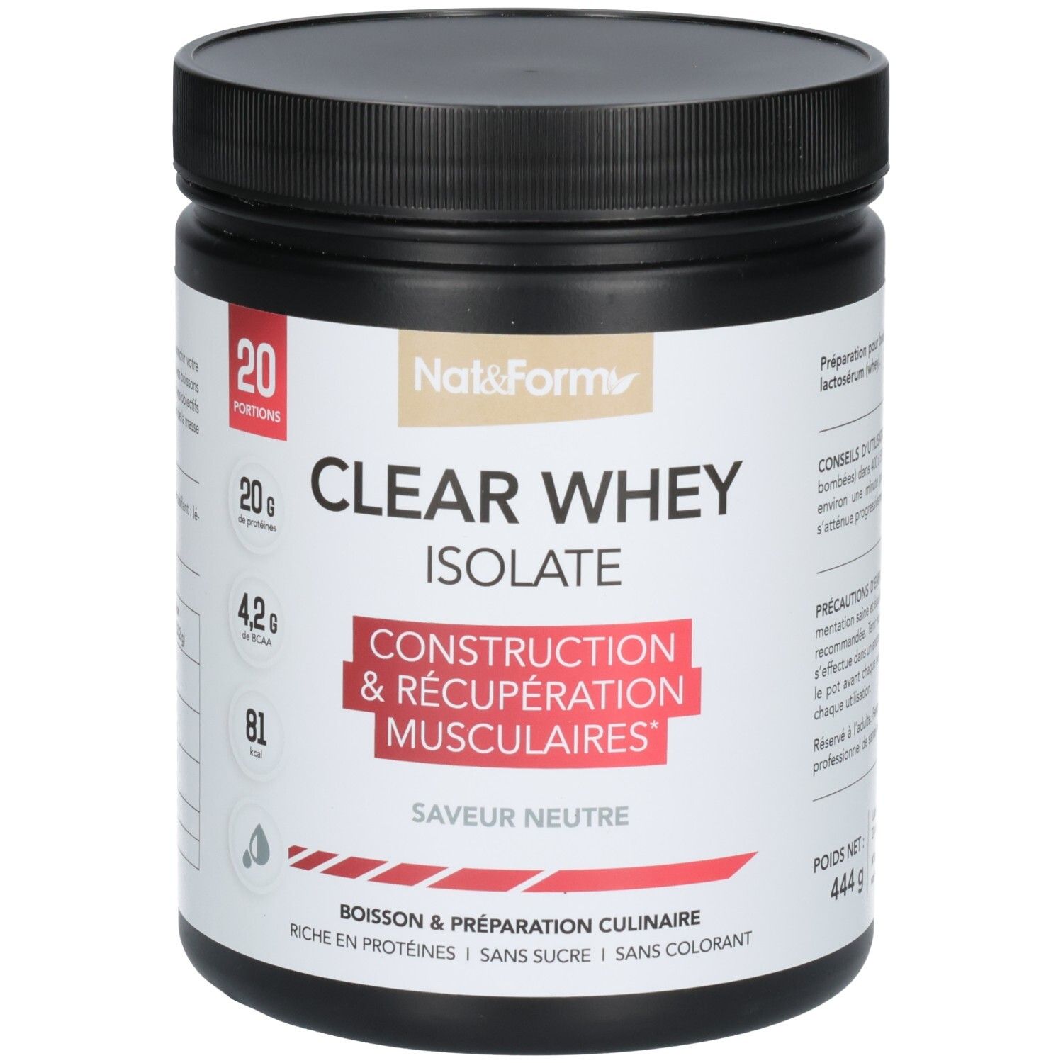 Avant du pot CLEAR WHEY ISOLATE, 444g. Indique "Construction & Récupération Musculaires".