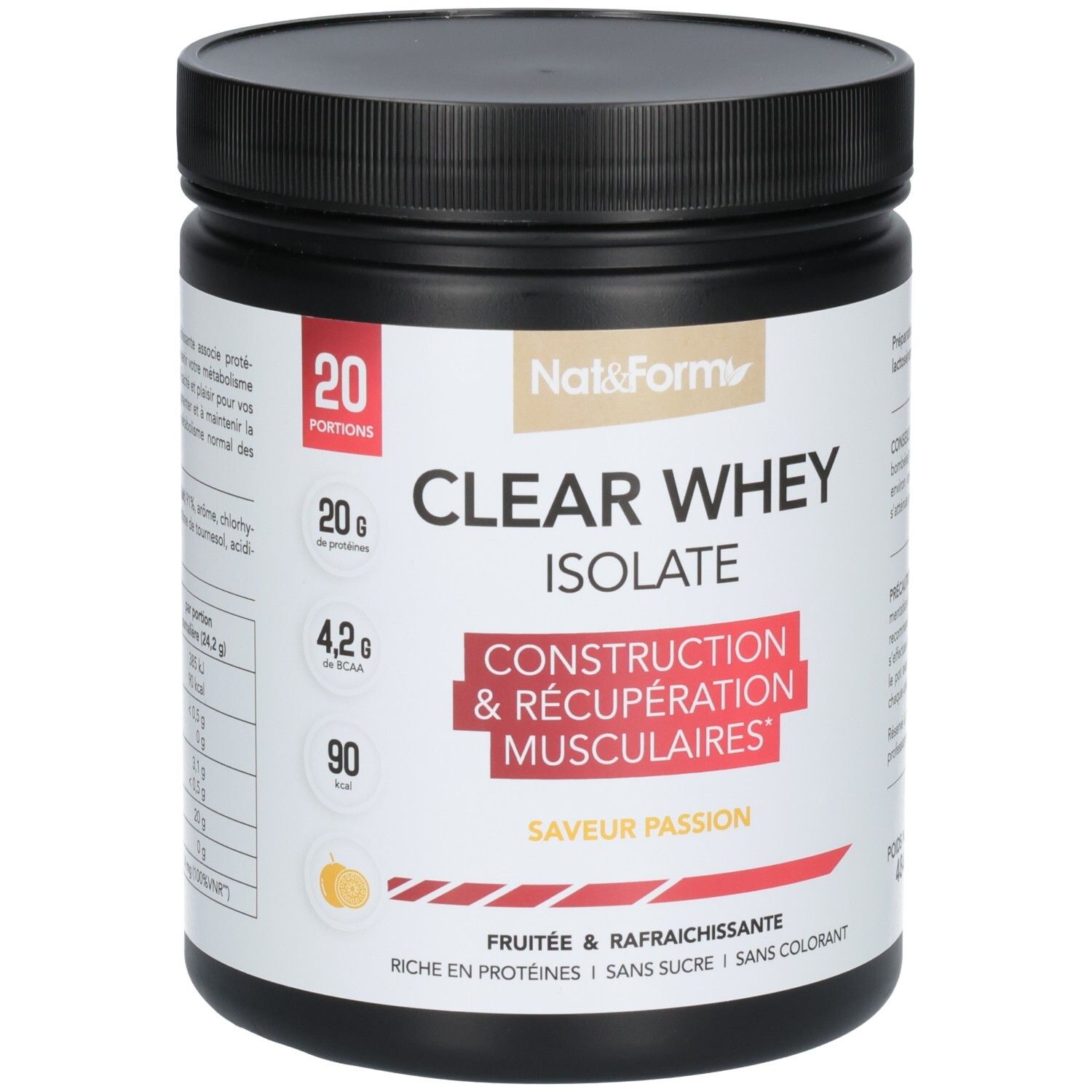 Pot noir avec inscription CLEAR WHEY ISOLATE, 484g. Contient 20 portions, 20g de protéines par portion.