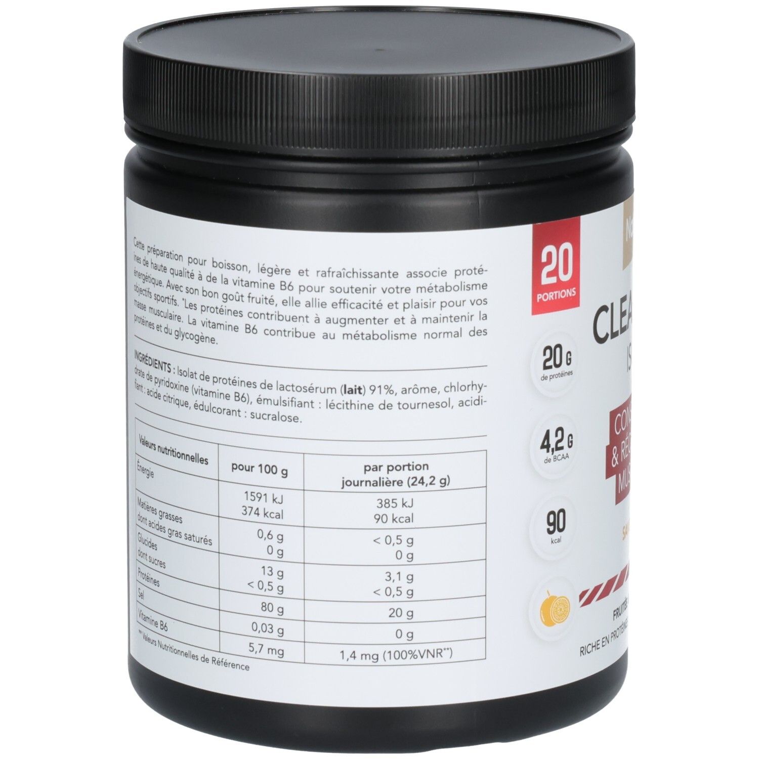 Arrière d'un pot noir avec CLEAR WHEY ISOLATE. Affiche les informations nutritionnelles et la liste des ingrédients.