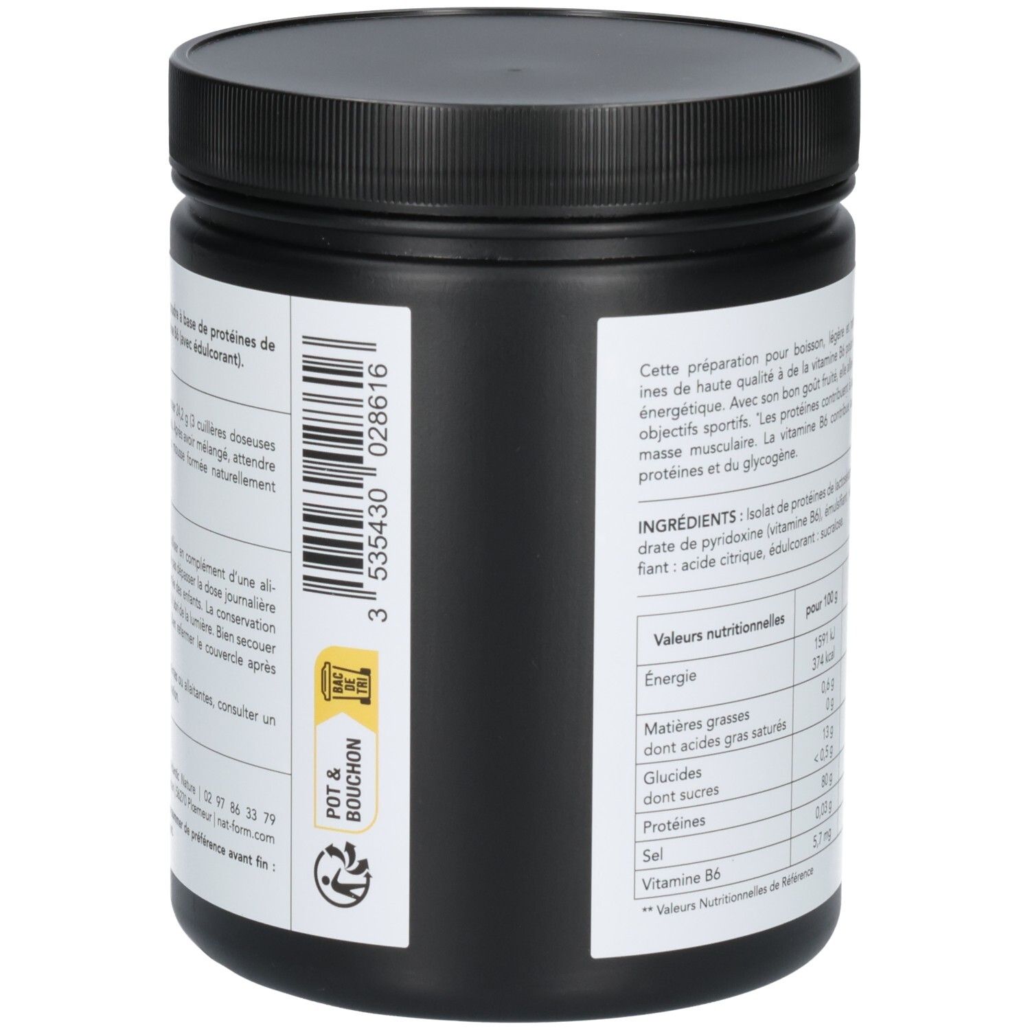 Côté d'un pot noir avec CLEAR WHEY ISOLATE. Contient un code-barres et des informations de recyclage.
