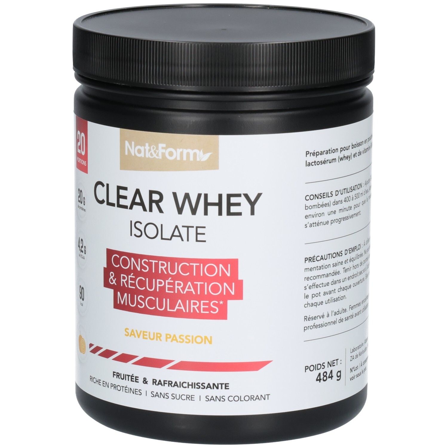 Avant d'un pot noir avec CLEAR WHEY ISOLATE, 484g. Inscription pour la construction et récupération musculaires.