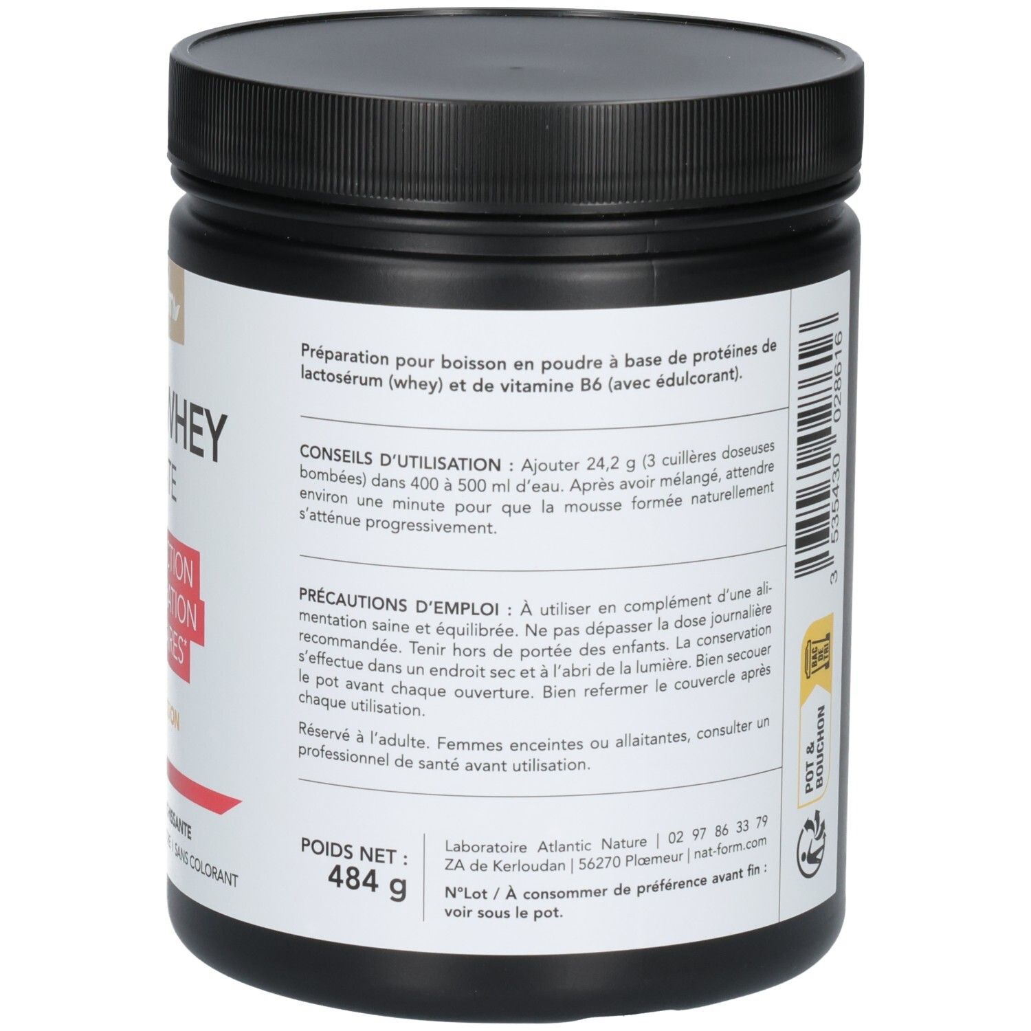Arrière d'un pot noir avec CLEAR WHEY ISOLATE. Indique les conseils d'utilisation et le poids net 484g.