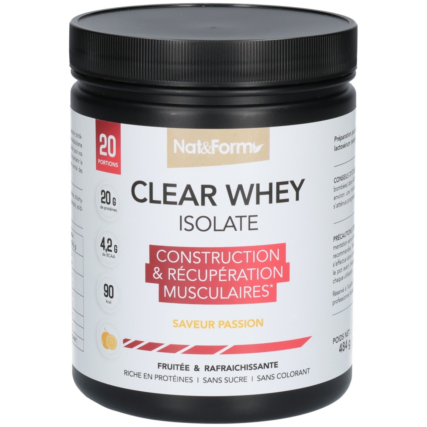 Pot noir avec CLEAR WHEY ISOLATE, 484g. Inscription pour construction musculaire, récupération et saveur Passion.