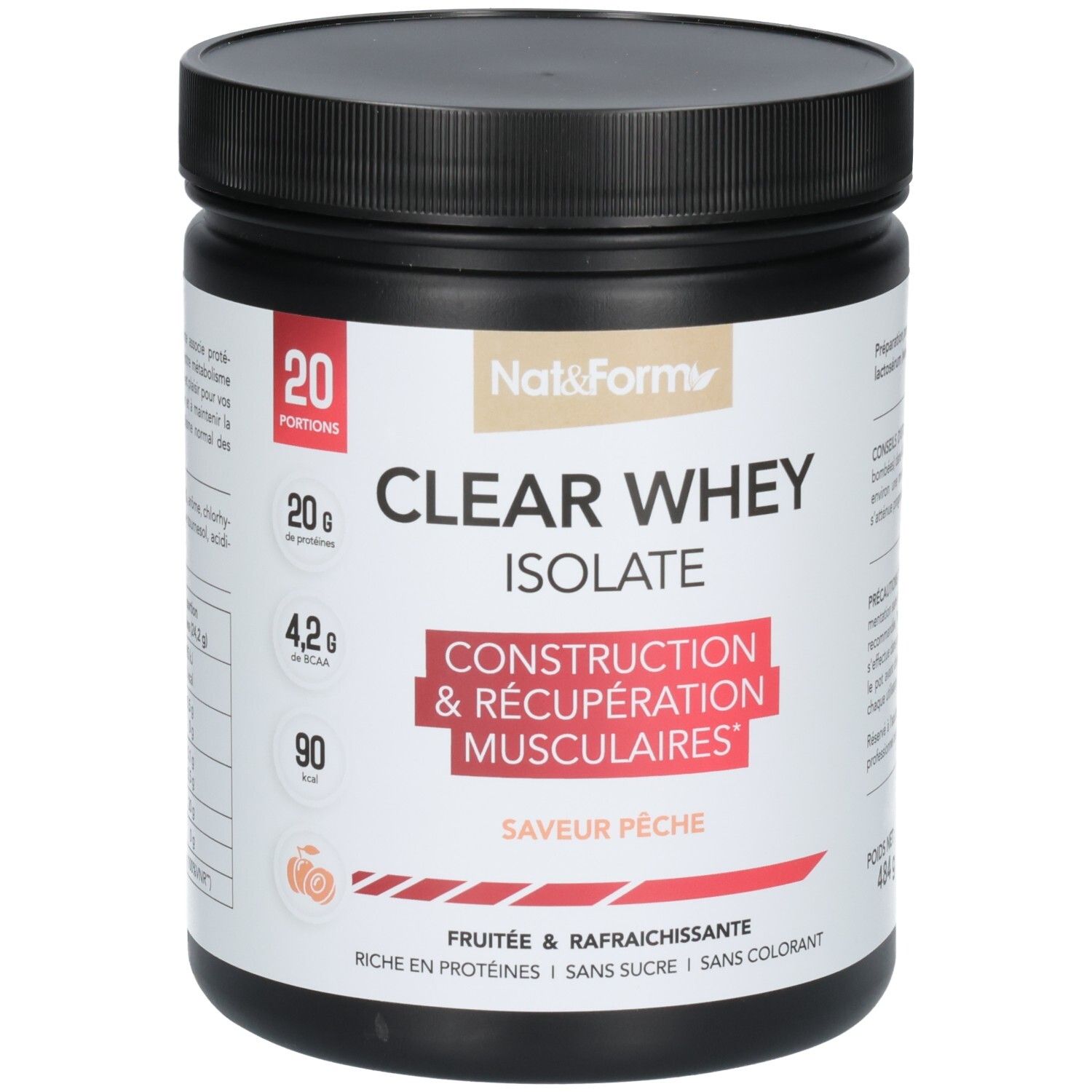 Pot noir de poudre CLEAR WHEY ISOLATE, saveur pêche, 20 portions.