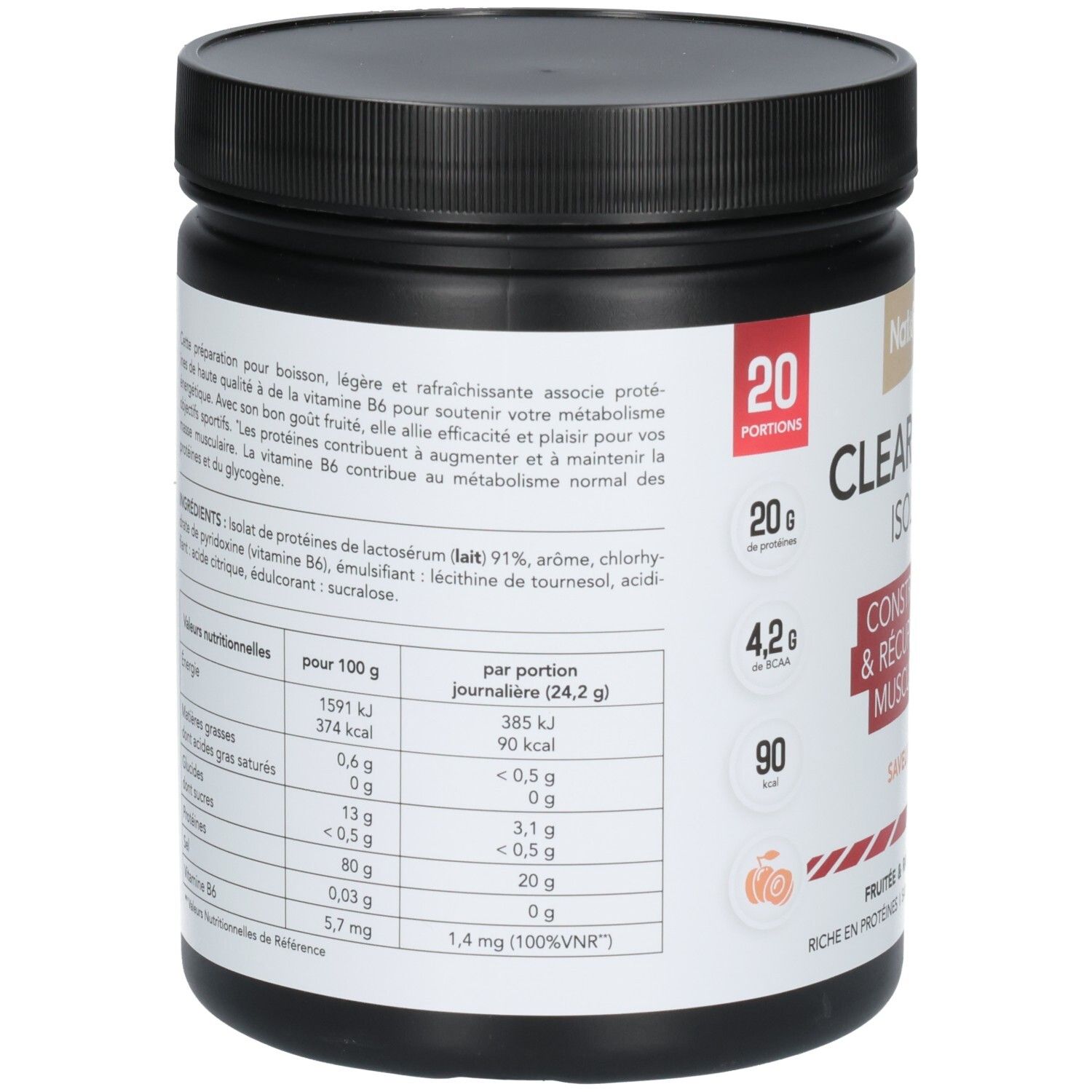 Arrière du pot CLEAR WHEY ISOLATE avec tableau nutritionnel et liste des ingrédients.