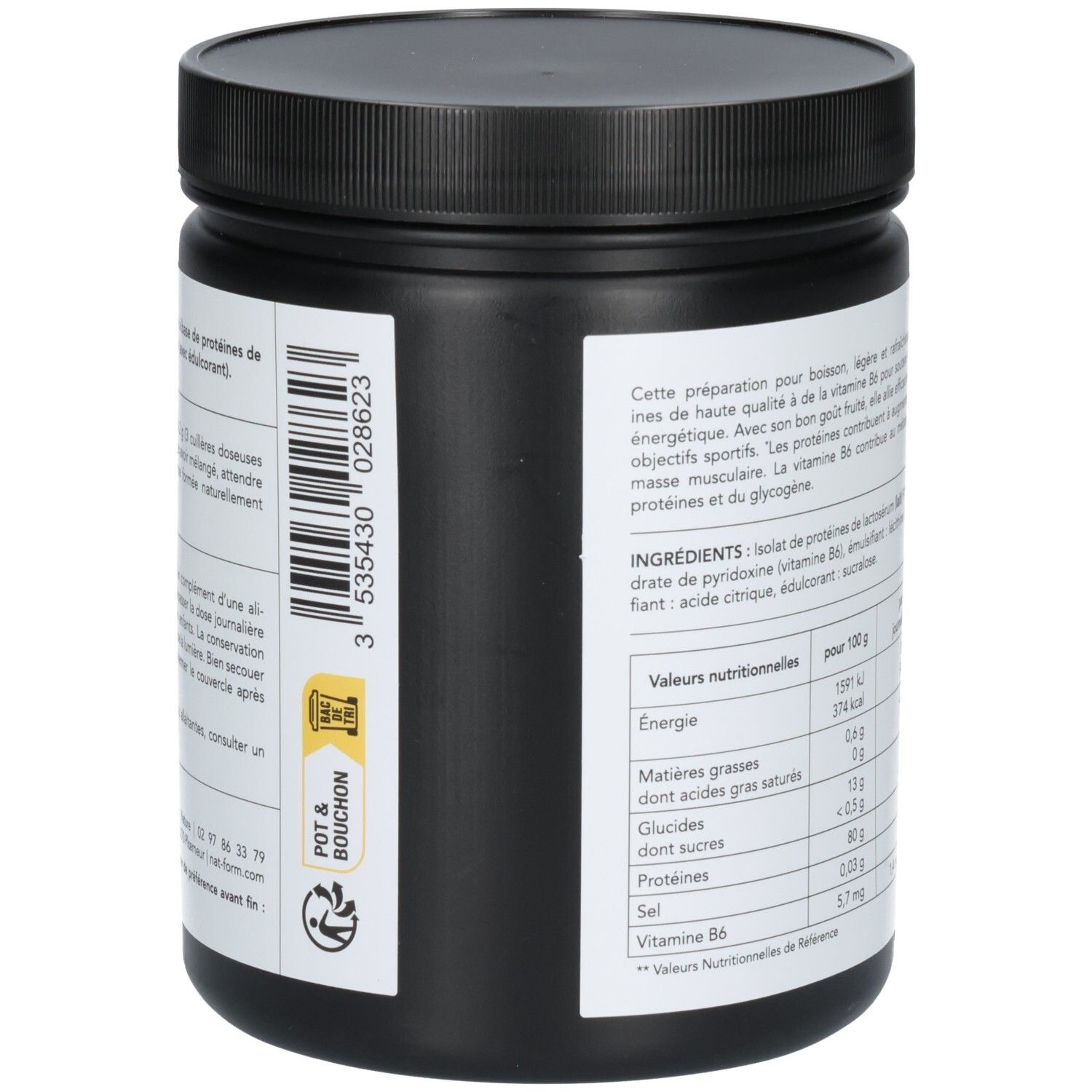 Vue latérale du pot CLEAR WHEY ISOLATE avec code-barres et symbole de recyclage.