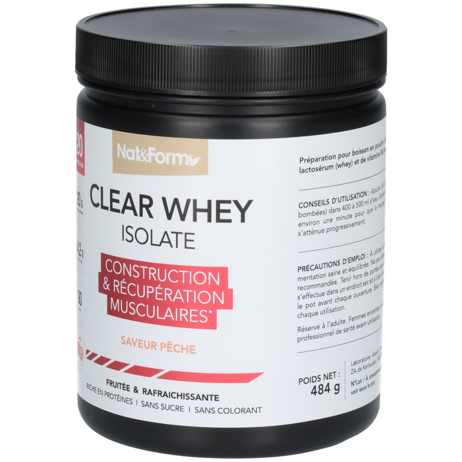 Face avant du pot CLEAR WHEY ISOLATE, 484 g, avec indications sur la construction musculaire.
