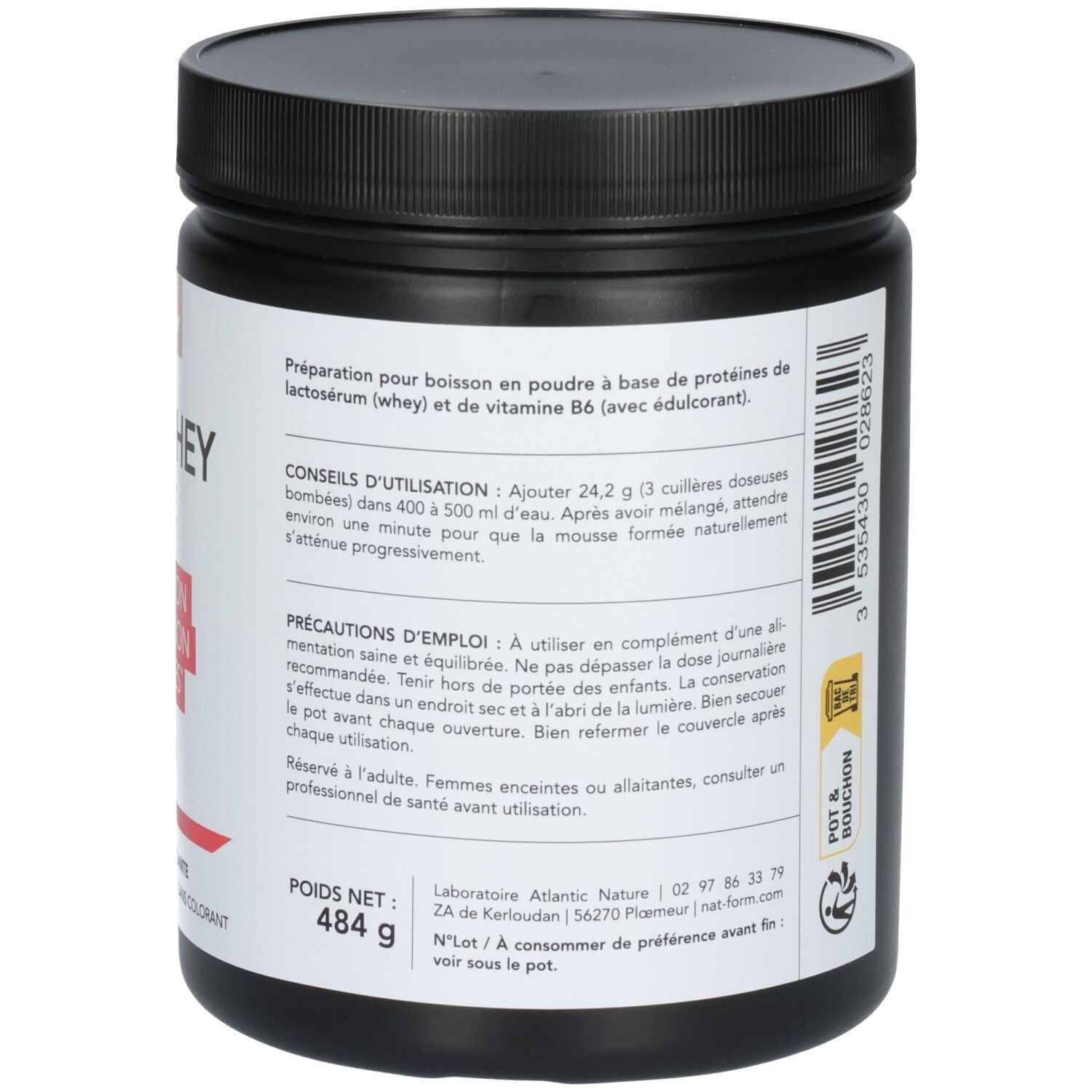 Arrière du pot CLEAR WHEY ISOLATE avec conseils d'utilisation et poids net 484 g.