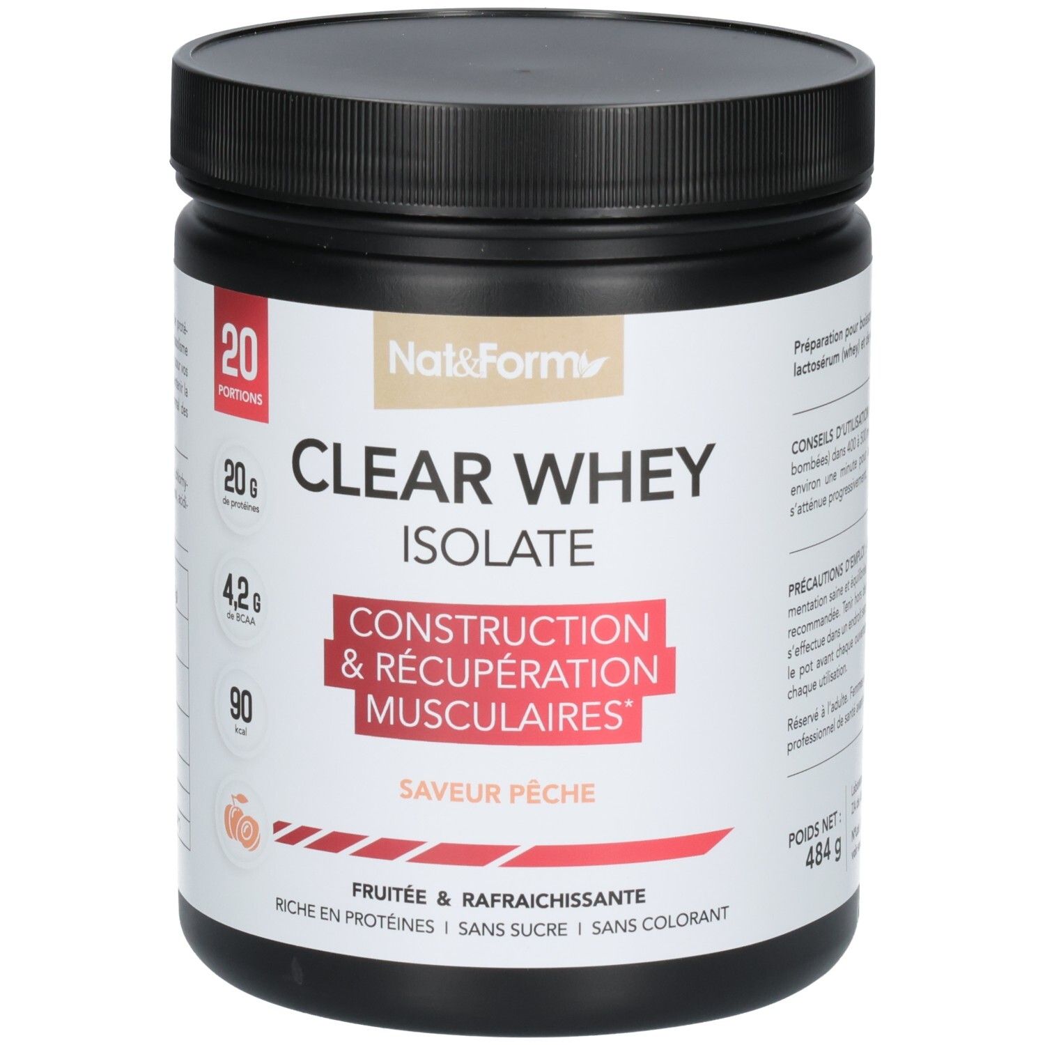 Pot noir de poudre CLEAR WHEY ISOLATE, saveur pêche, 484 g.
