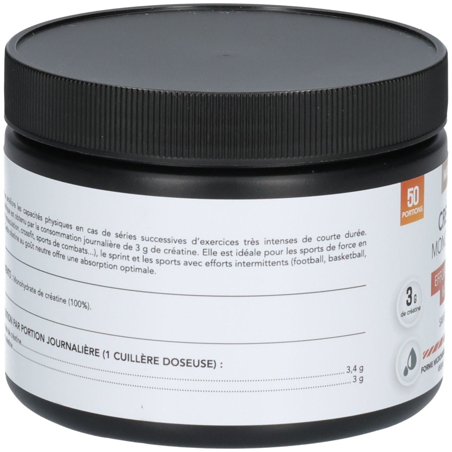 Arrière d'un pot noir de créatine monohydrate, 50 portions, saveur neutre.