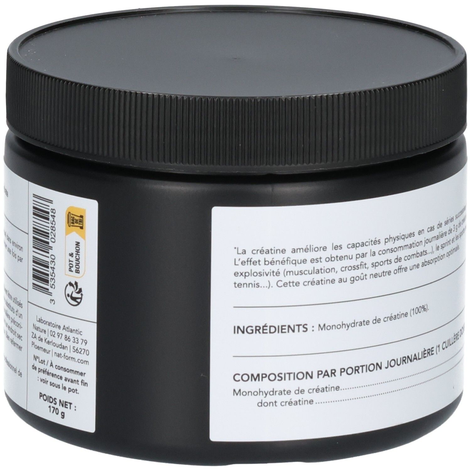 Vue latérale d'un pot noir de créatine monohydrate en poudre, 170 g.