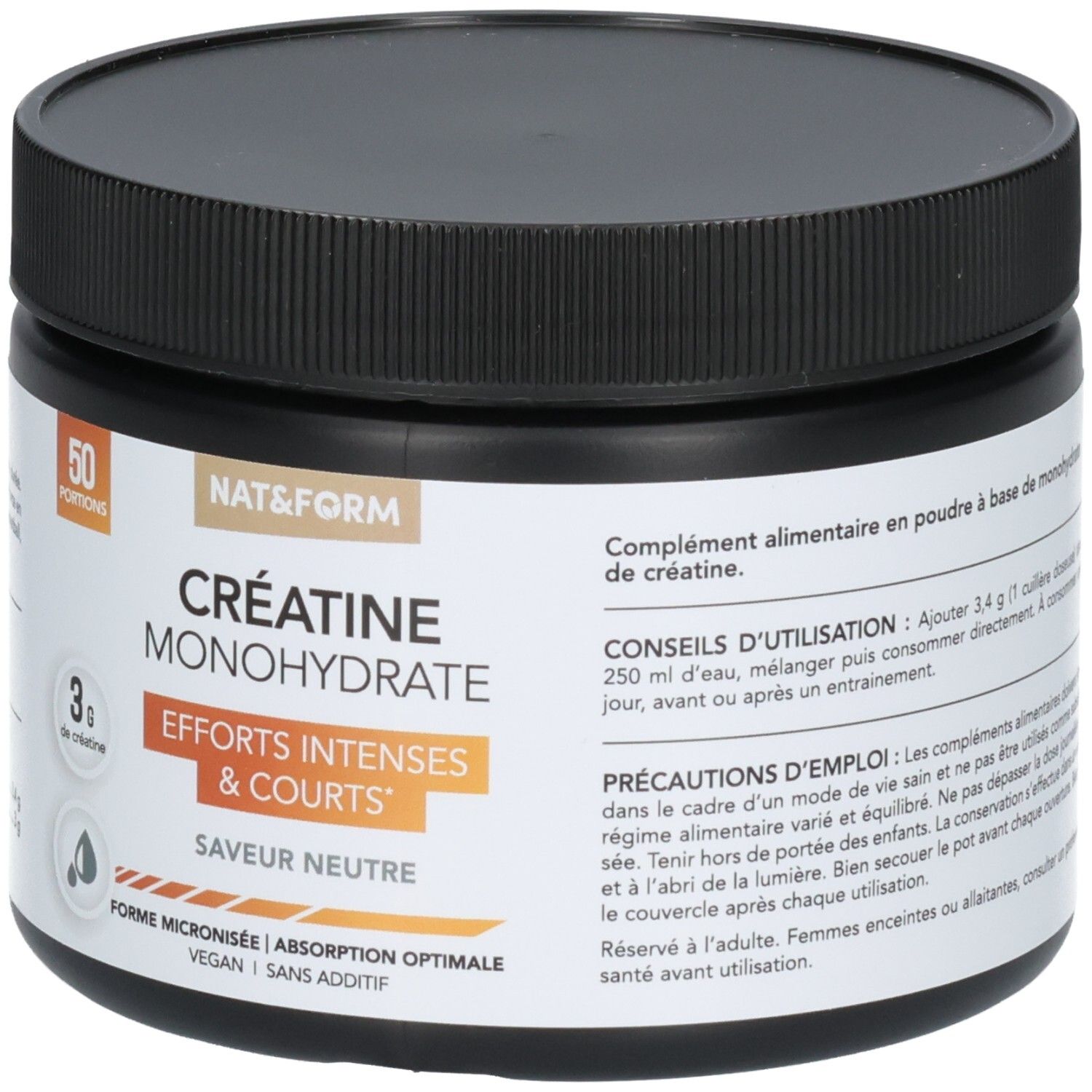Pot noir de poudre de créatine monohydrate, saveur neutre, 50 portions.