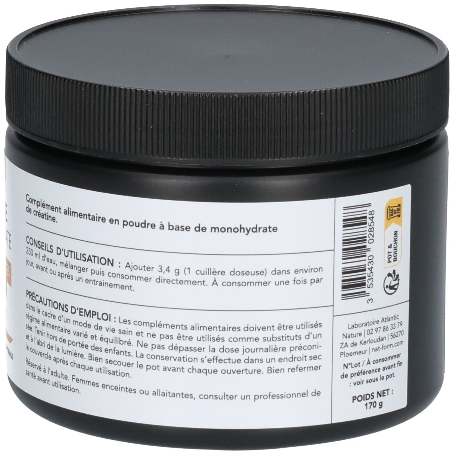 Arrière d'un pot noir de créatine monohydrate en poudre, 170 g.