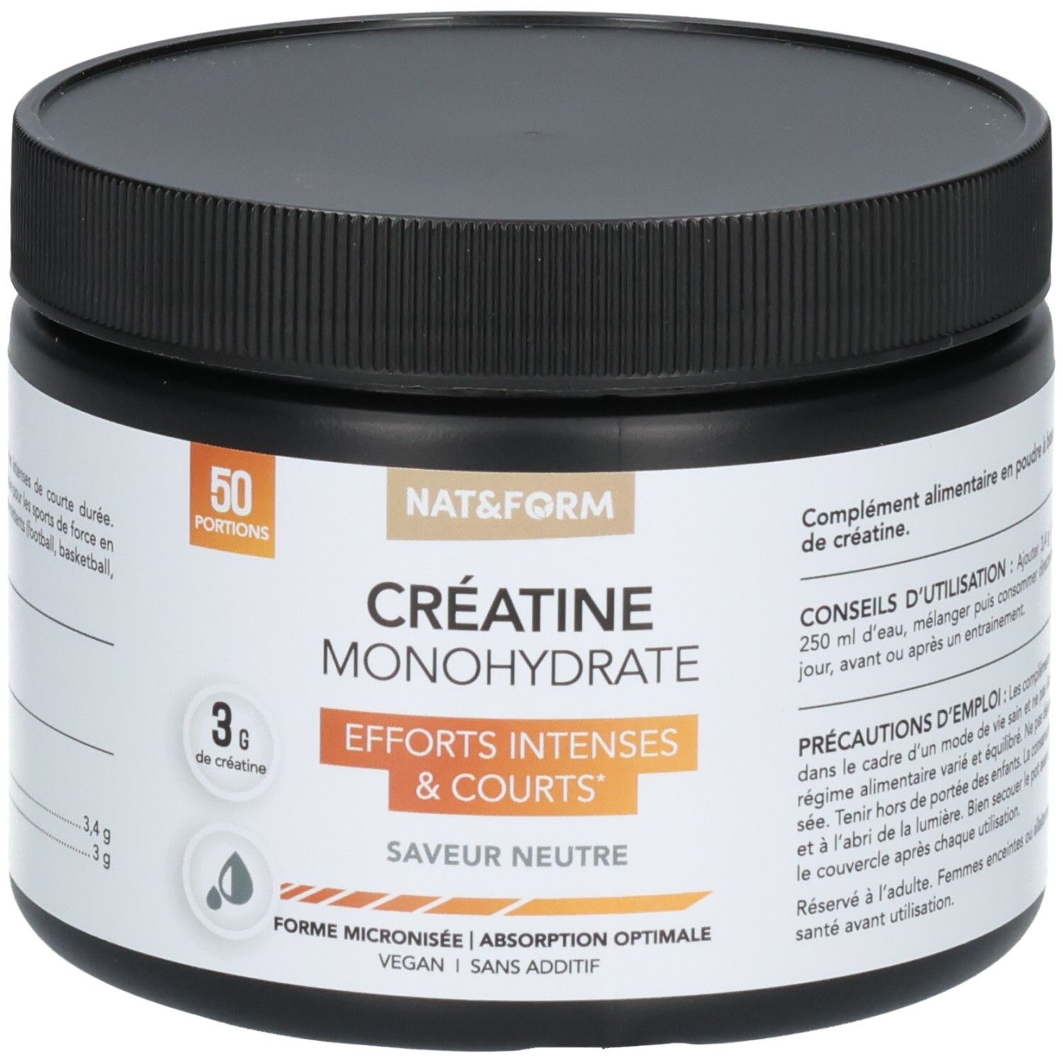 Pot noir de poudre de créatine monohydrate, saveur neutre, 50 portions.