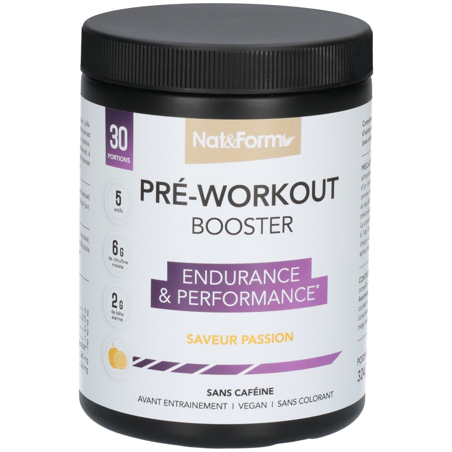 Pot noir de poudre Pre-Workout Booster, marque Nat&Form, mention "Endurance & Performance".