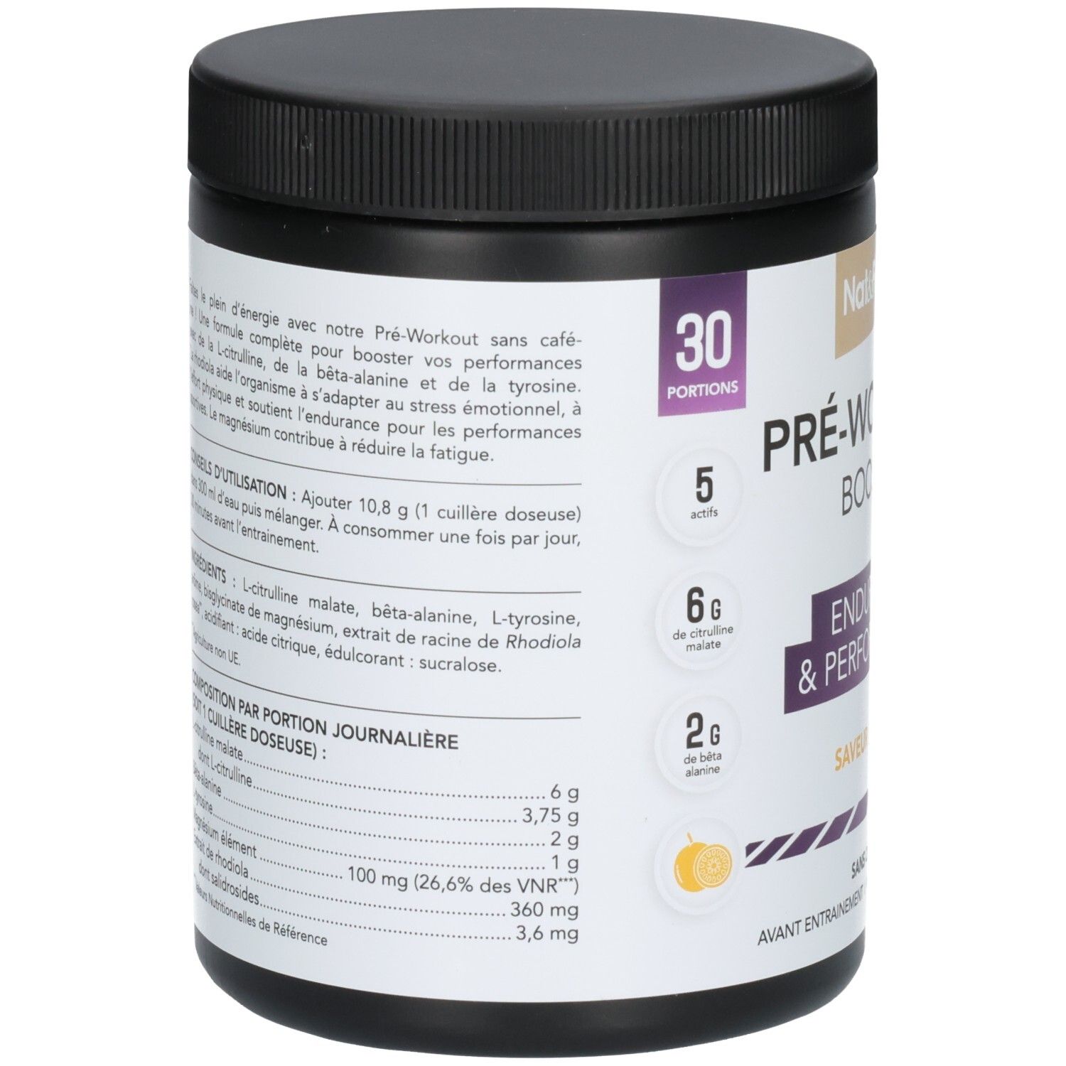 Arrière d'un pot de Pre-Workout Booster avec liste d'ingrédients et informations nutritionnelles.