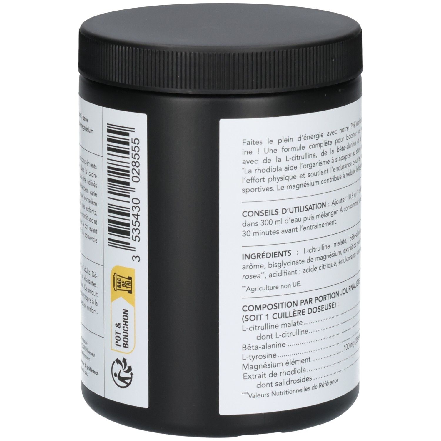Vue latérale d'un pot de Pre-Workout Booster avec code-barres et instructions d'utilisation.