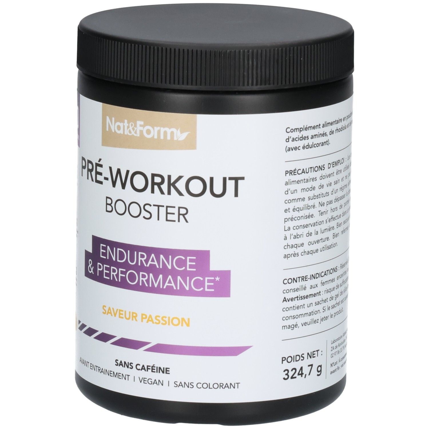 Face avant d'un pot de Pre-Workout Booster, Nat&Form, "Endurance & Performance", 324,7g.
