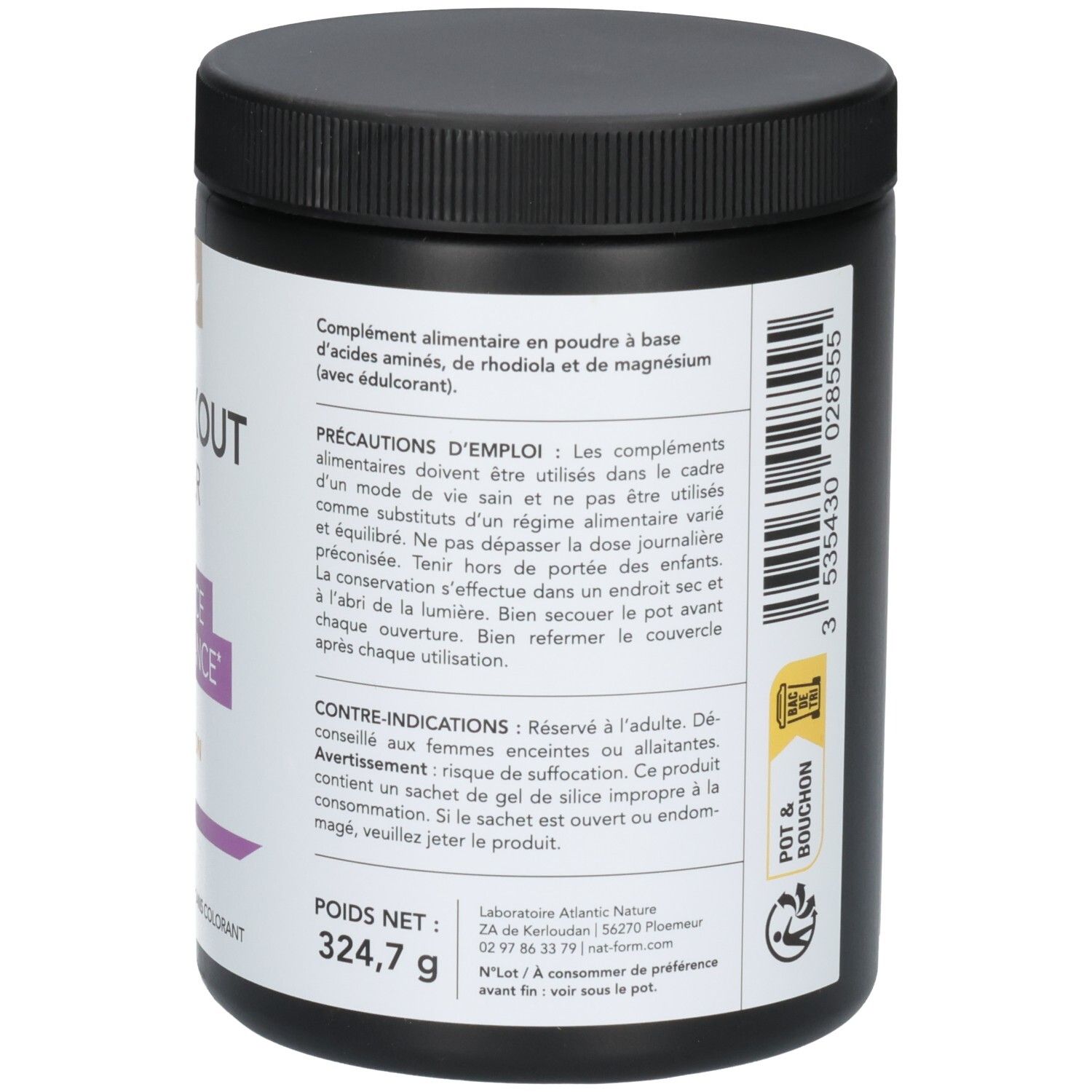Arrière d'un pot de Pre-Workout Booster avec code-barres, poids net et informations fabricant.