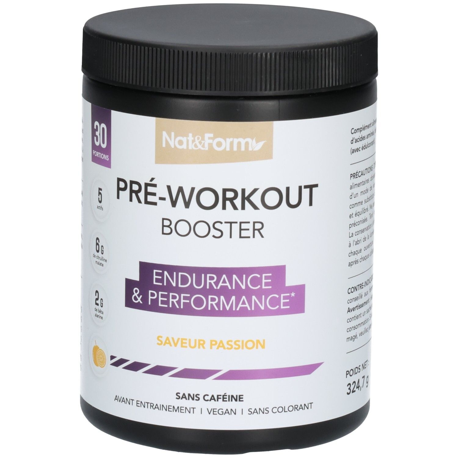 Pot Pre-Workout Booster, Nat&Form, "Endurance & Performance", "Saveur Passion", 30 portions.