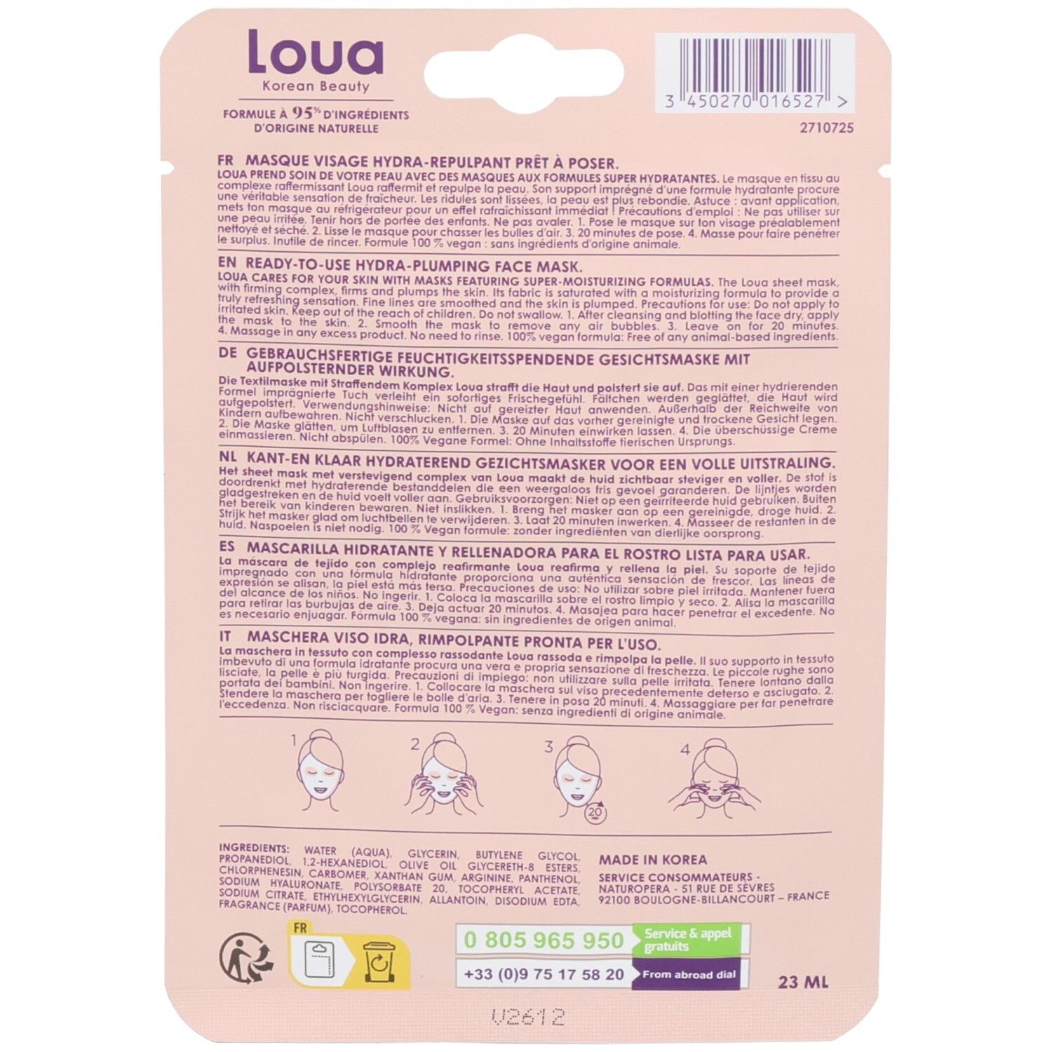 Dos de Loua Korean Beauty Masque Visage avec instructions et ingrédients.