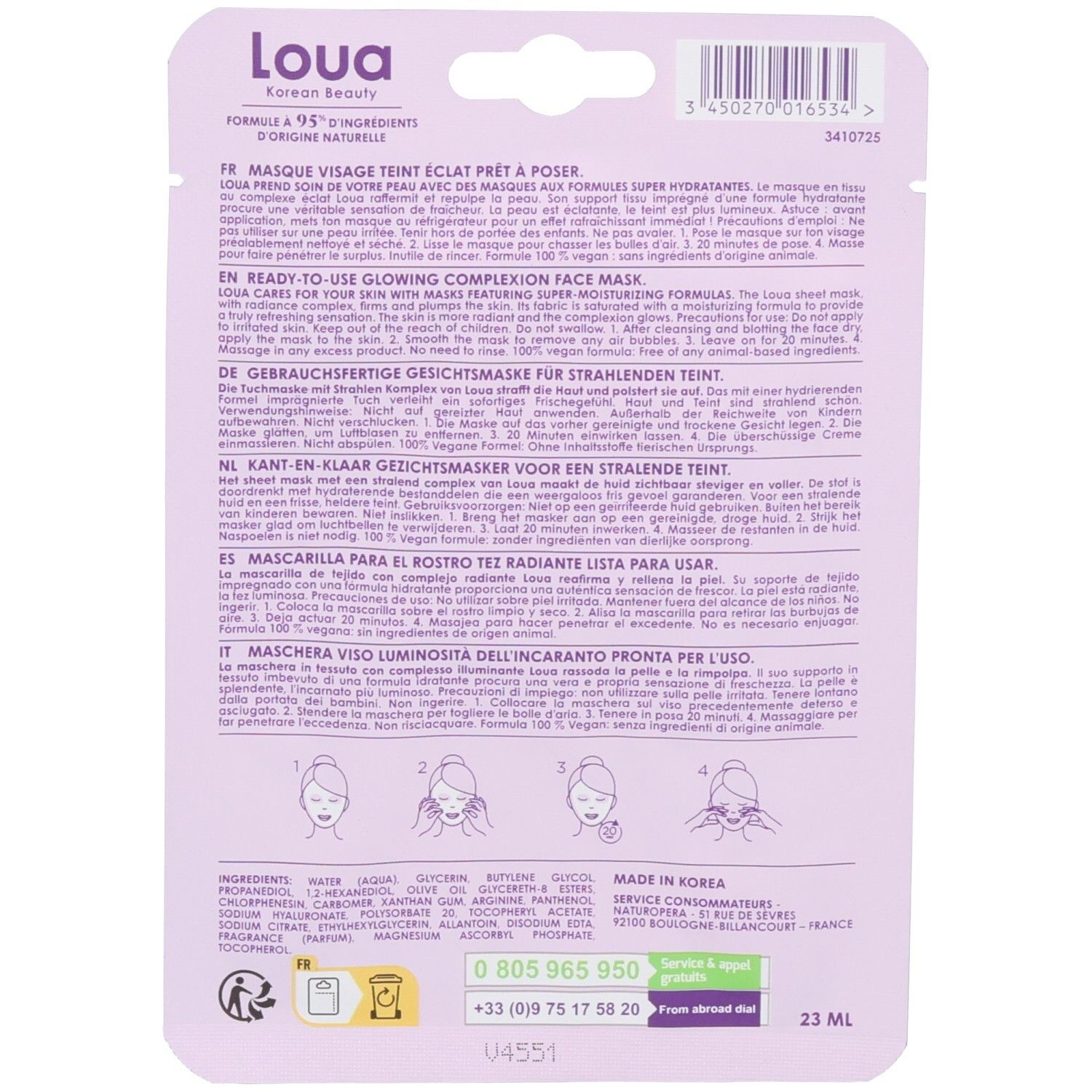 Dos du masque visage Loua Teint Éclat avec instructions et ingrédients.