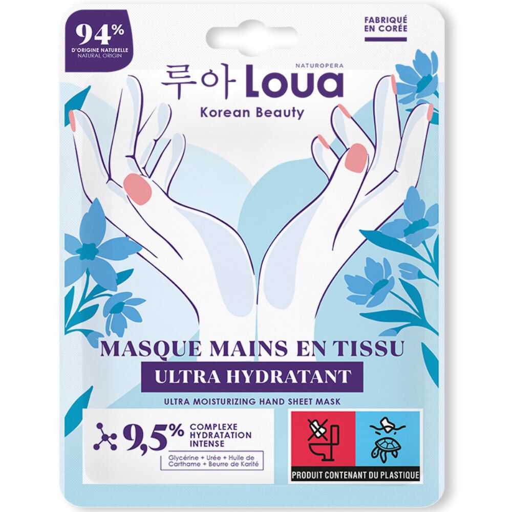 Masque mains en tissu Loua, ultra hydratant, avec 9,5% de complexe hydratation intense.