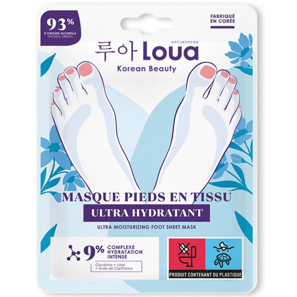 Emballage pour masque pieds ultra-hydratant Loua Korean Beauty, illustrant des pieds.