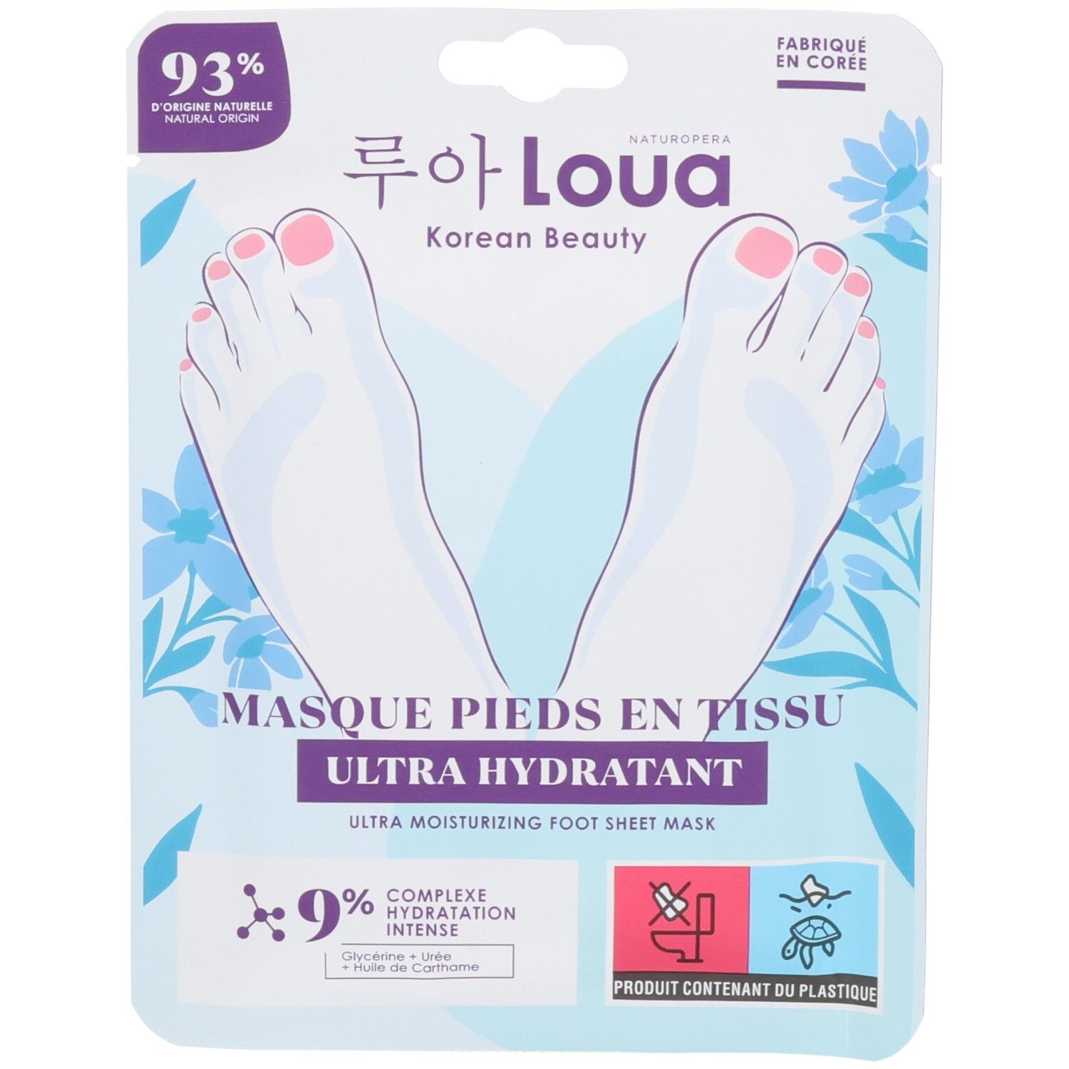 Emballage pour masque pieds ultra-hydratant Loua Korean Beauty, illustrant des pieds.